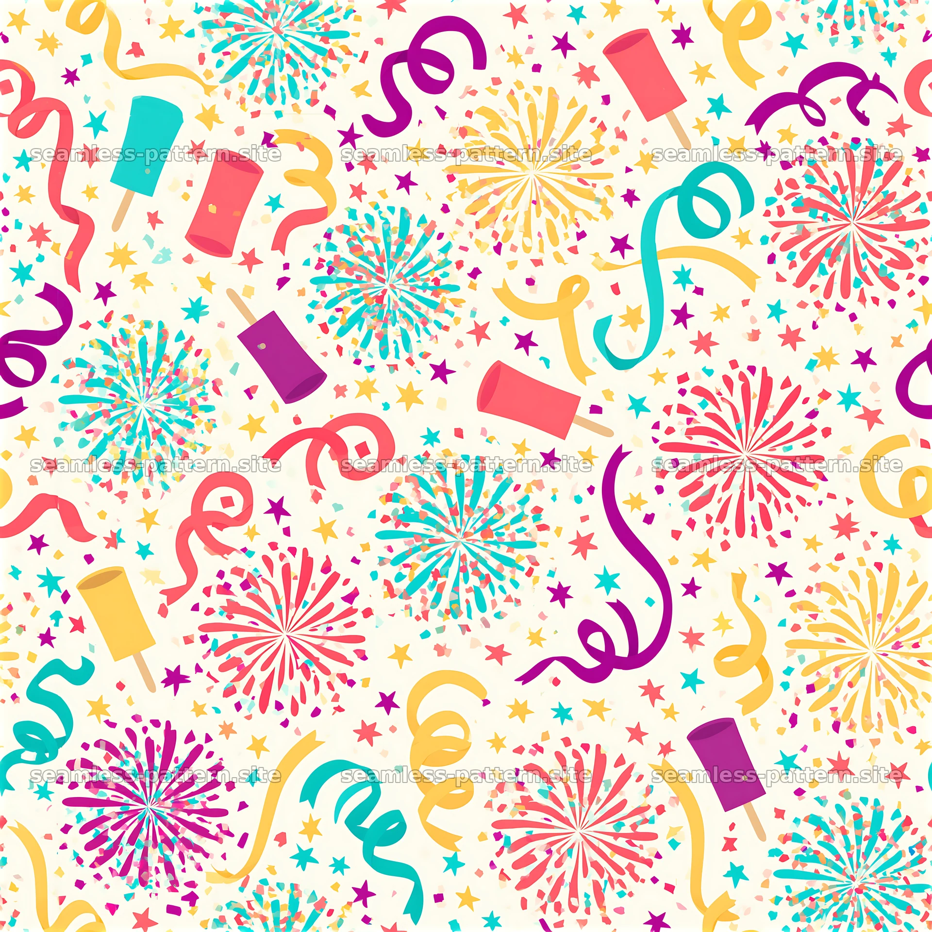 Colorful Party Seamless Pattern with Confetti and Fireworks — seamless tileable pattern at 8192x8192