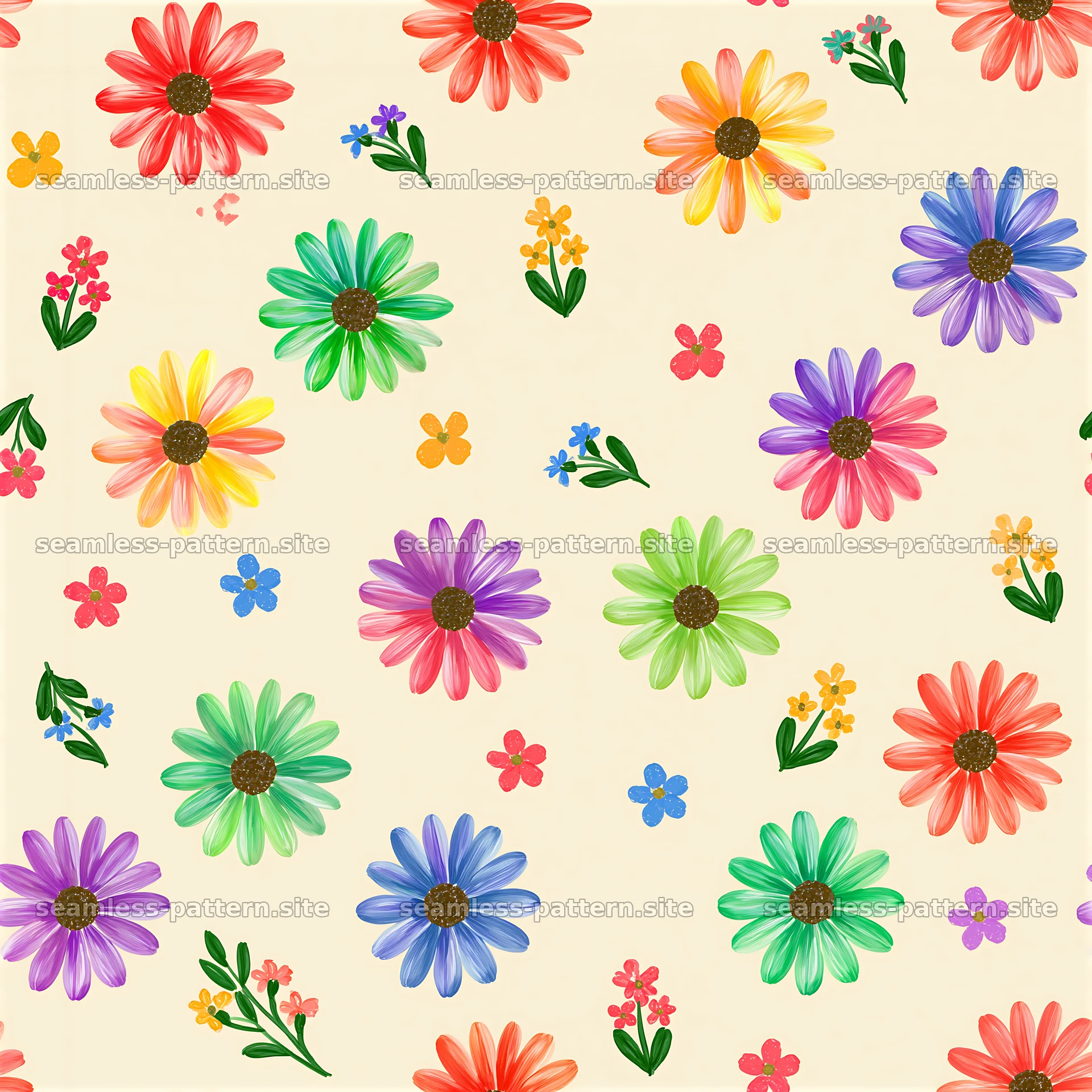 Rainbow flower tileable pattern with colorful blooms on light background — seamless tileable pattern at 8192x8192