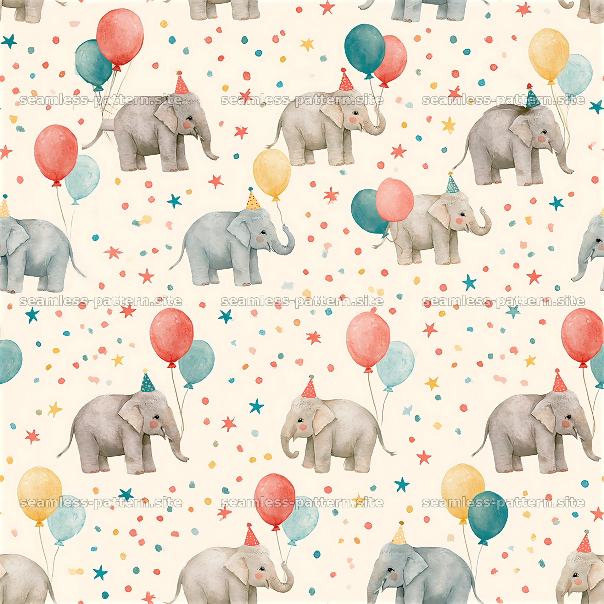 Birthday Elephants with Balloons Seamless Pattern — seamless tileable pattern at 8192x8192