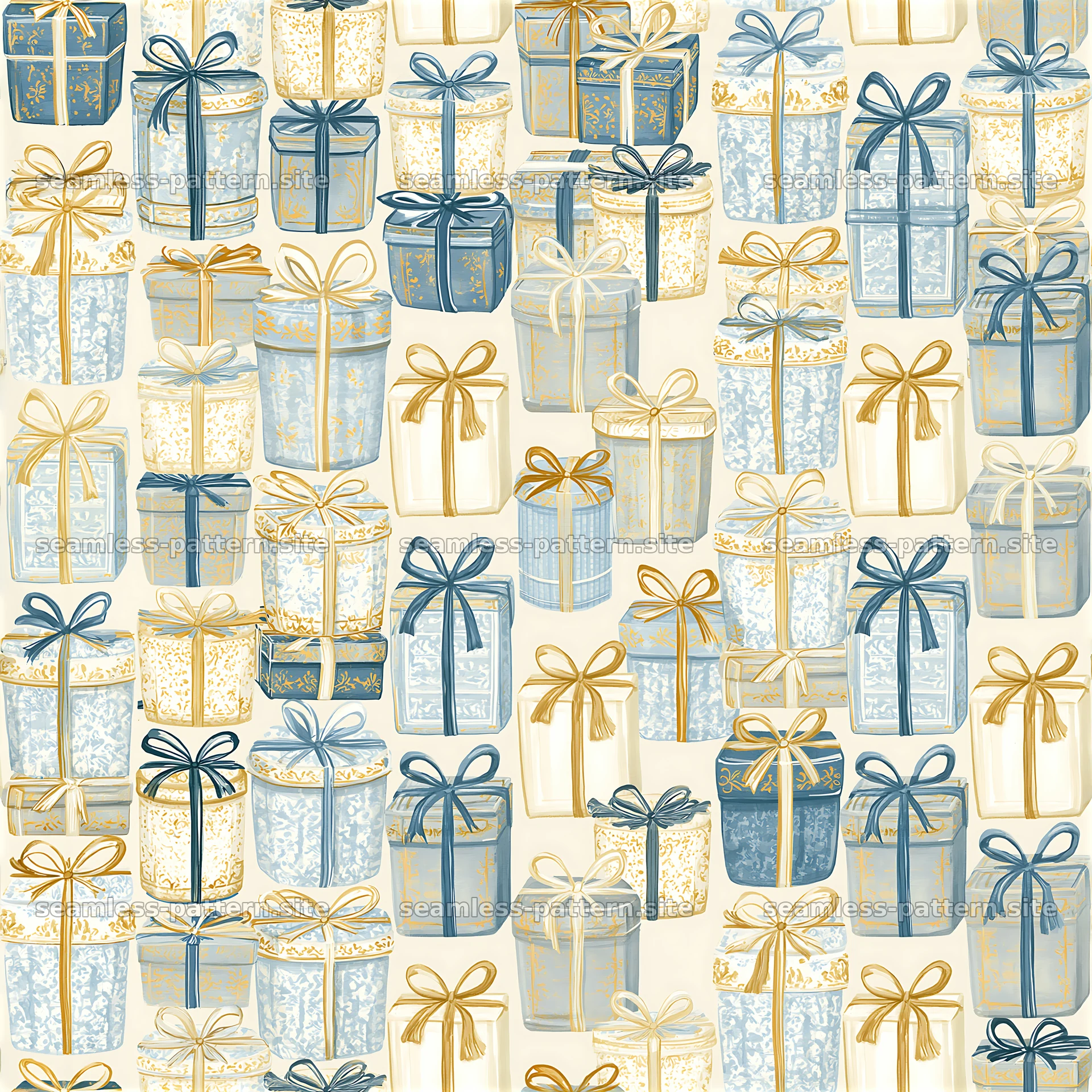 Repeating pattern with decorative presents in blue and gold colors — seamless tileable pattern at 8192x8192