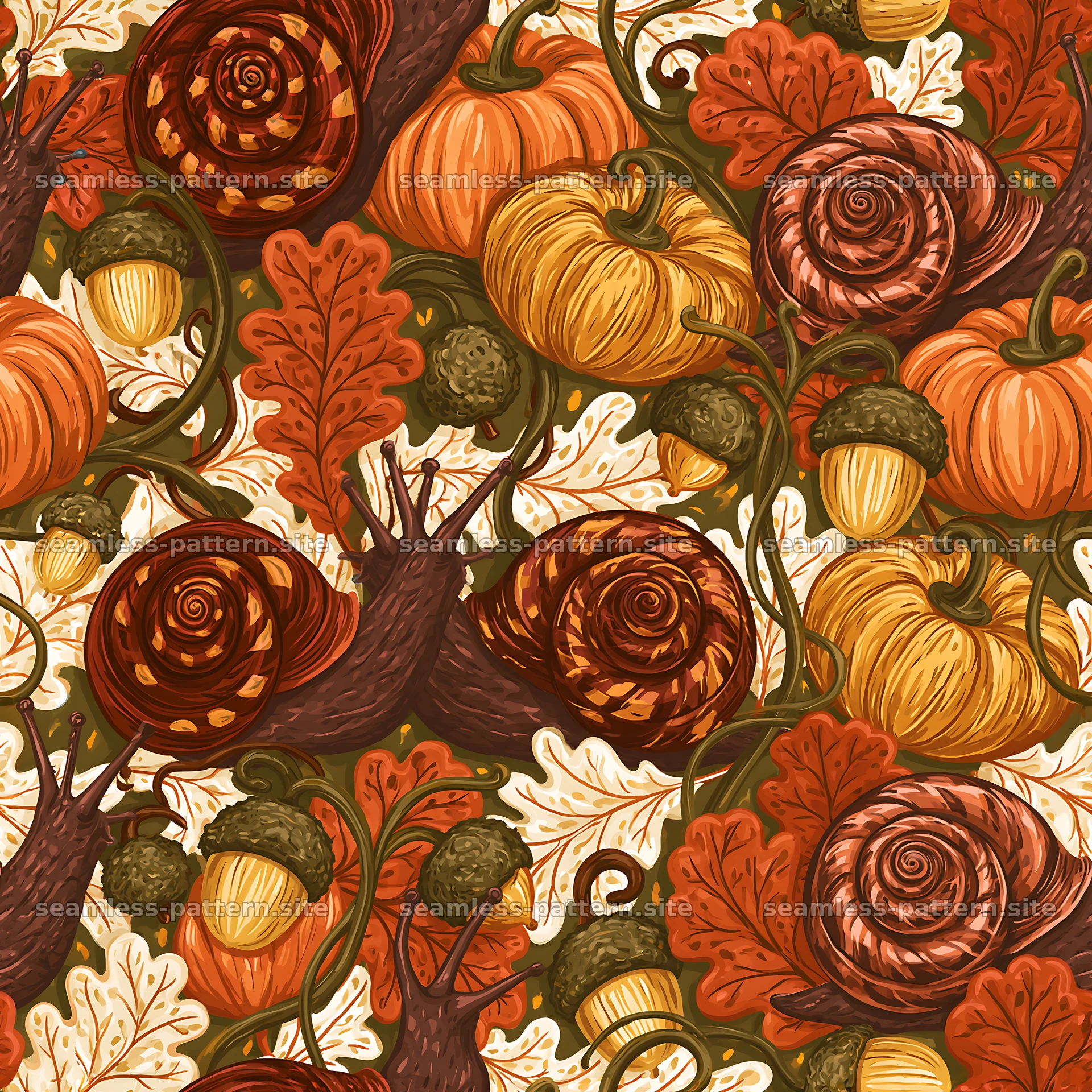 Repeating pattern of hand-drawn snails and autumn elements — seamless tileable pattern