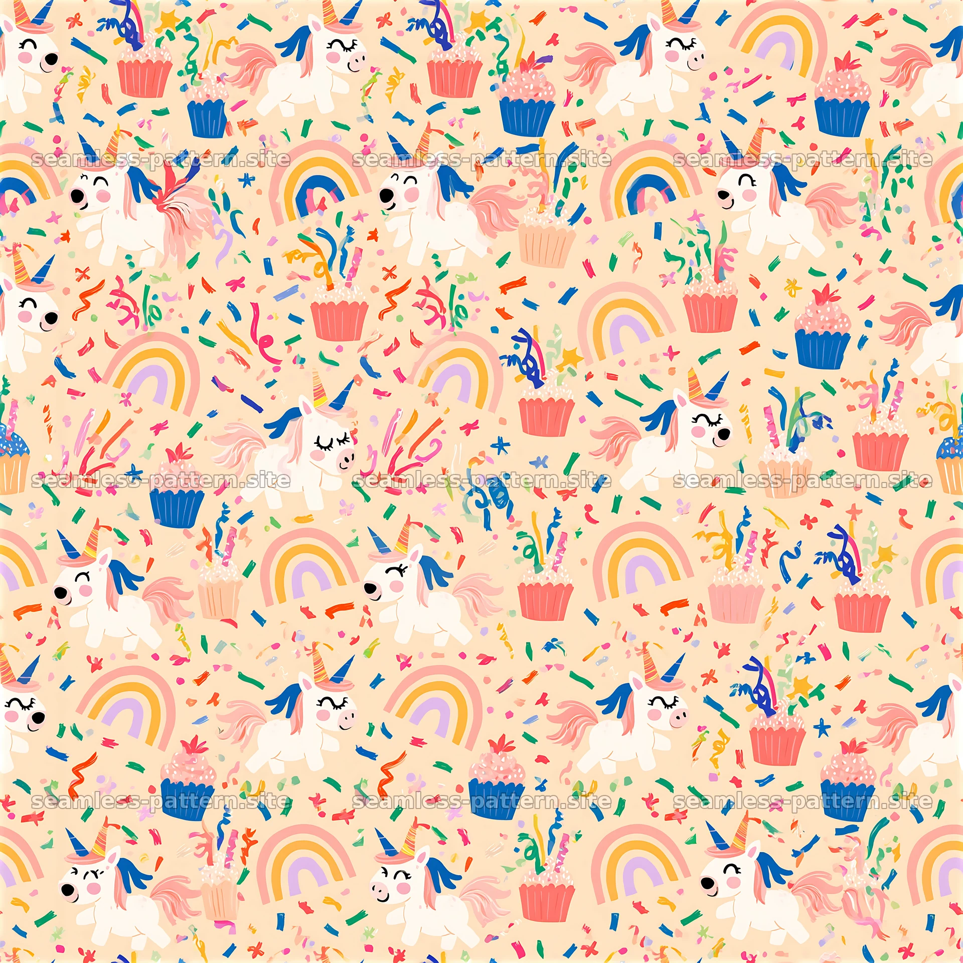 Birthday Unicorns, Cupcakes and Rainbows Seamless Pattern — seamless tileable pattern at 8192x8192
