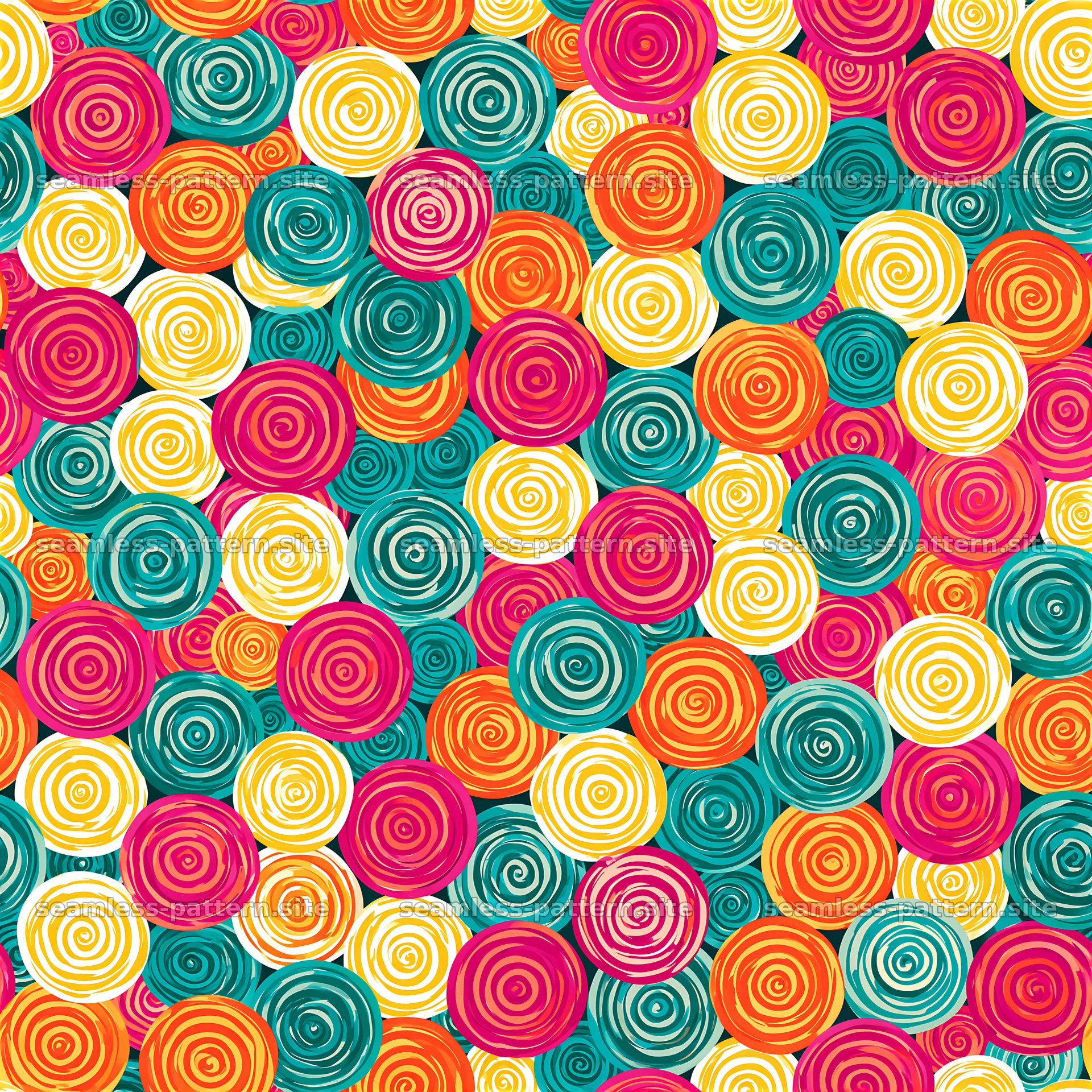 Colorful spiral seamless pattern with circular motifs — seamless tileable pattern at 8192x8192