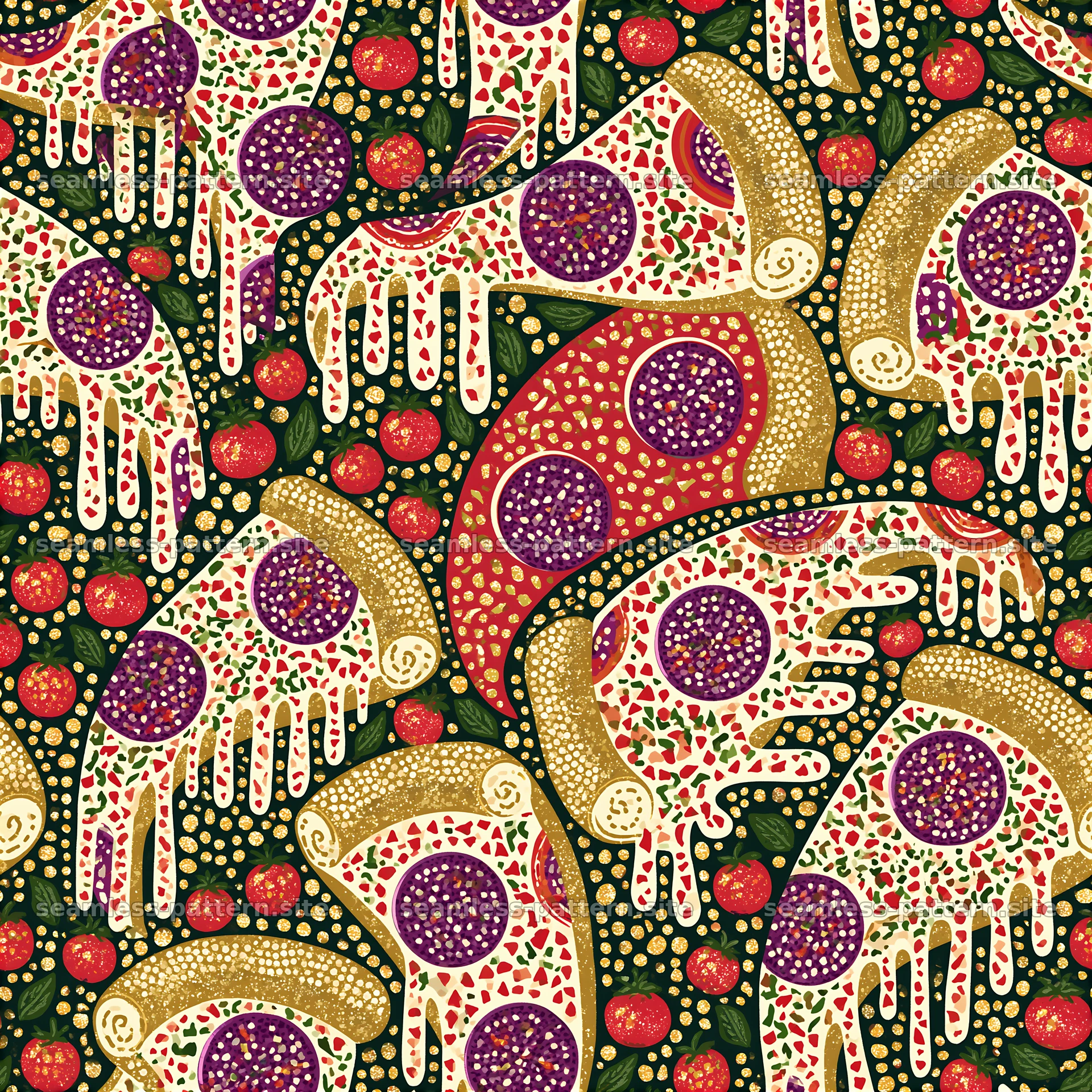 Colorful pizza slices with toppings on a dark green background — seamless tileable pattern at 8192x8192