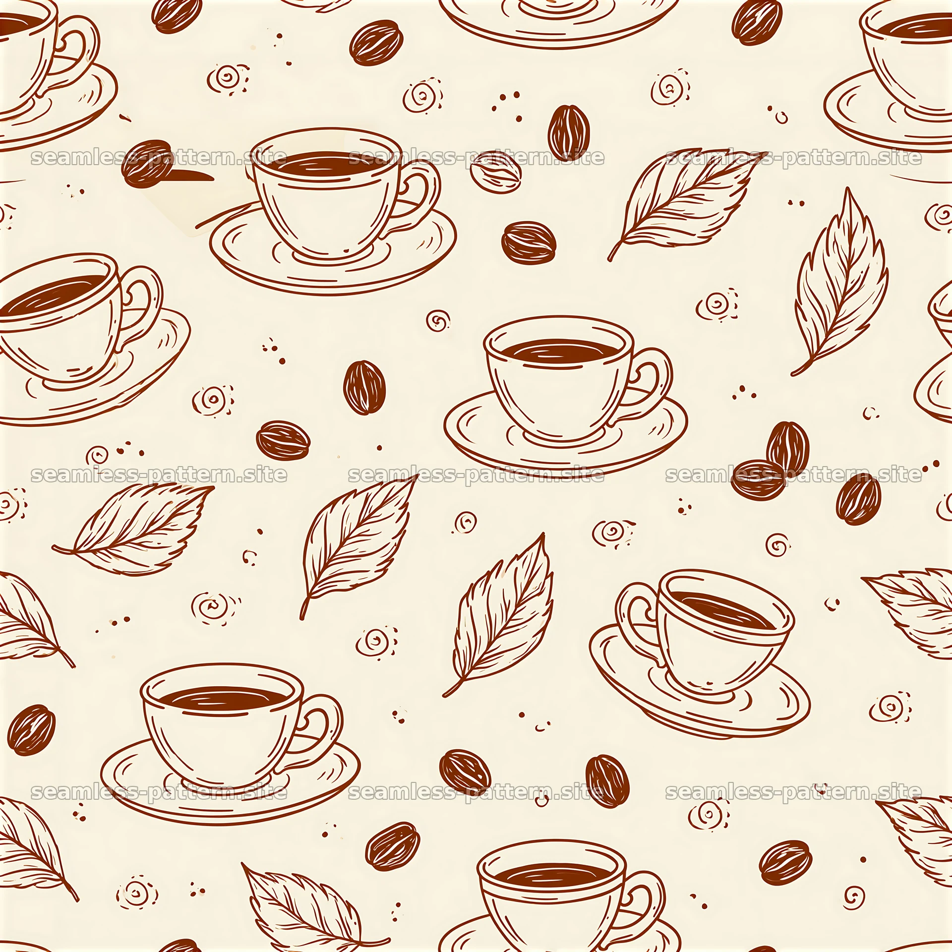 Coffee Cups, Beans and Leaves Seamless Line Art Pattern — seamless tileable pattern at 8192x8192