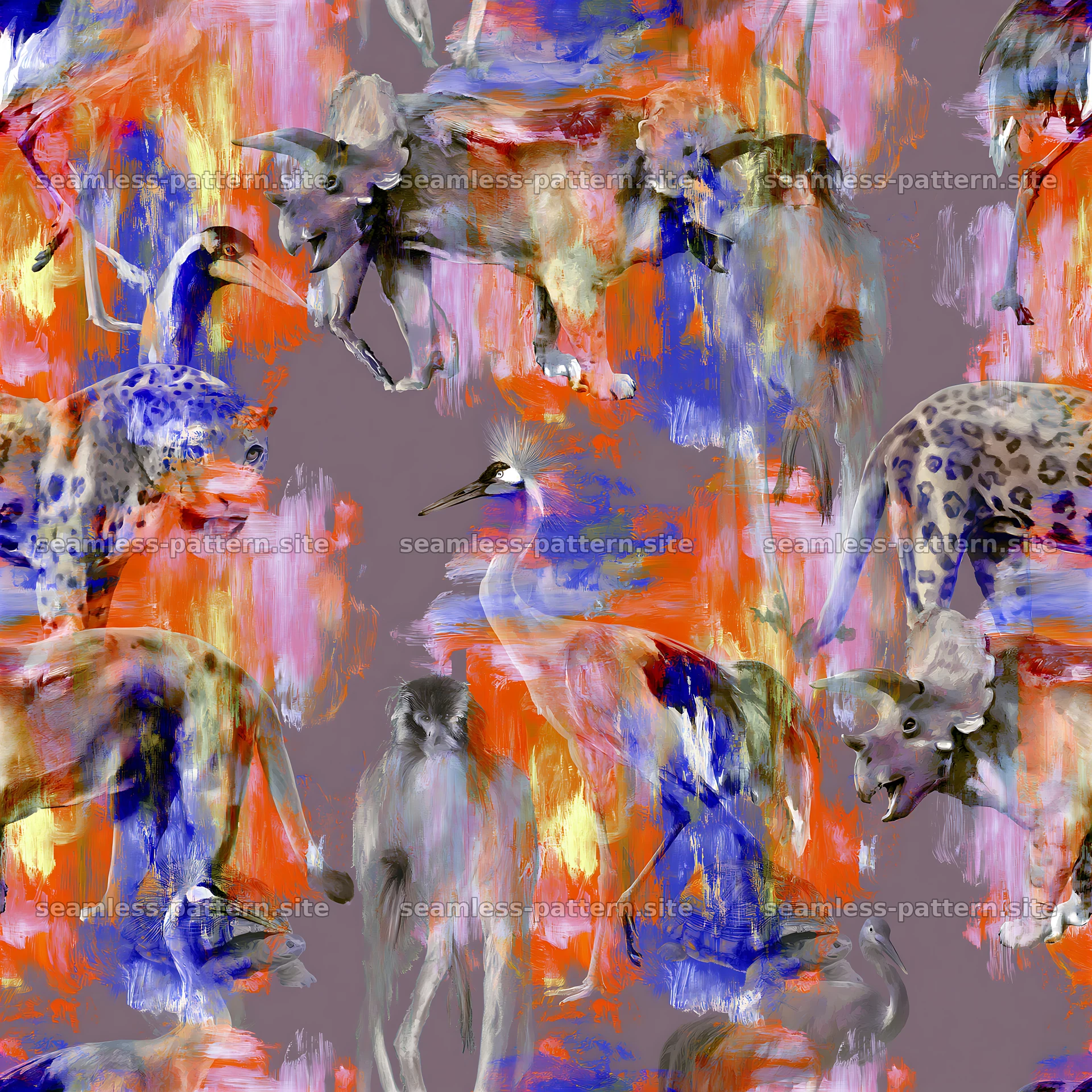 Funky Animal Tileable Pattern with Colorful Brushstrokes — seamless tileable pattern at 8192x8192