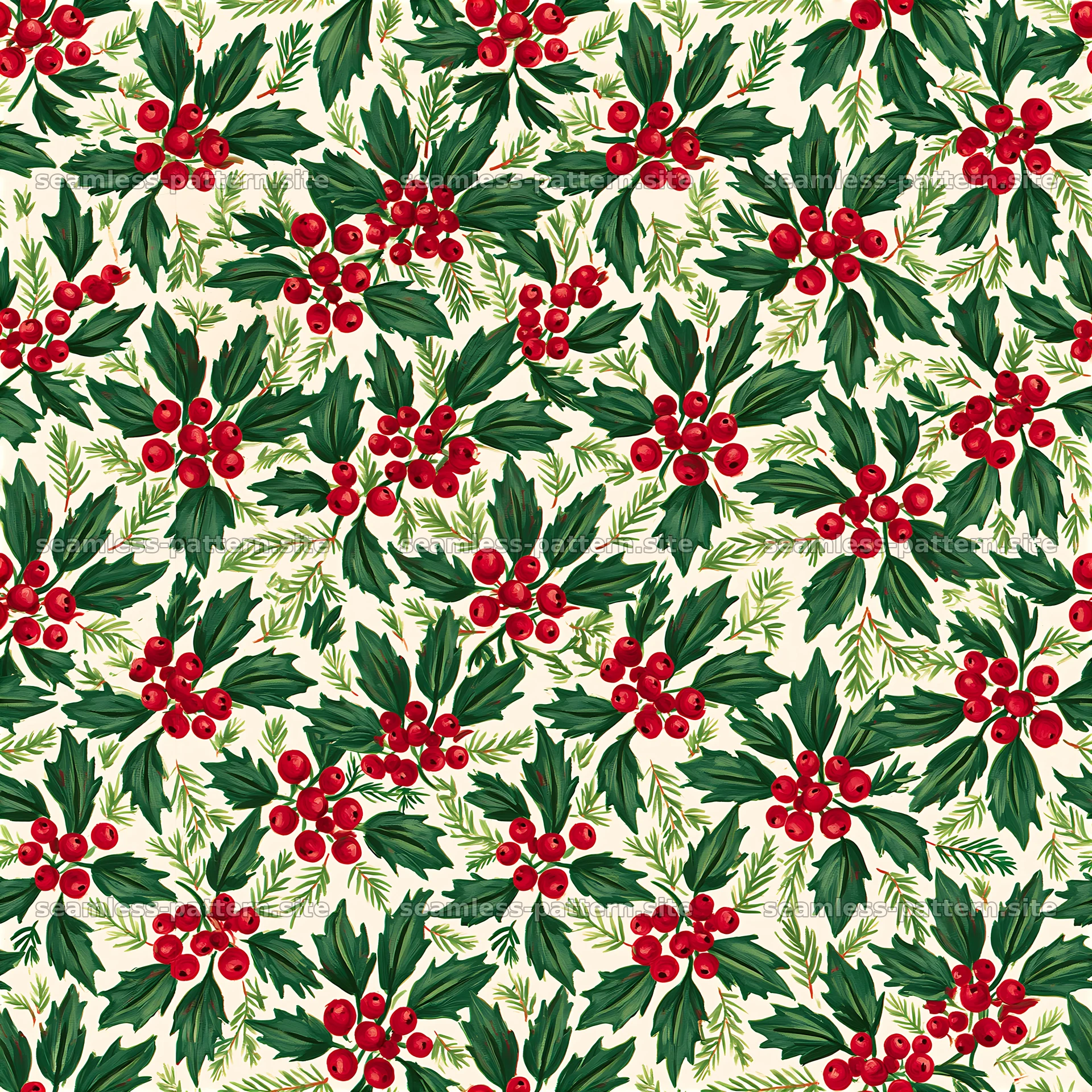 Floral seamless pattern with holly and berries in green and red — seamless tileable pattern at 8192x8192