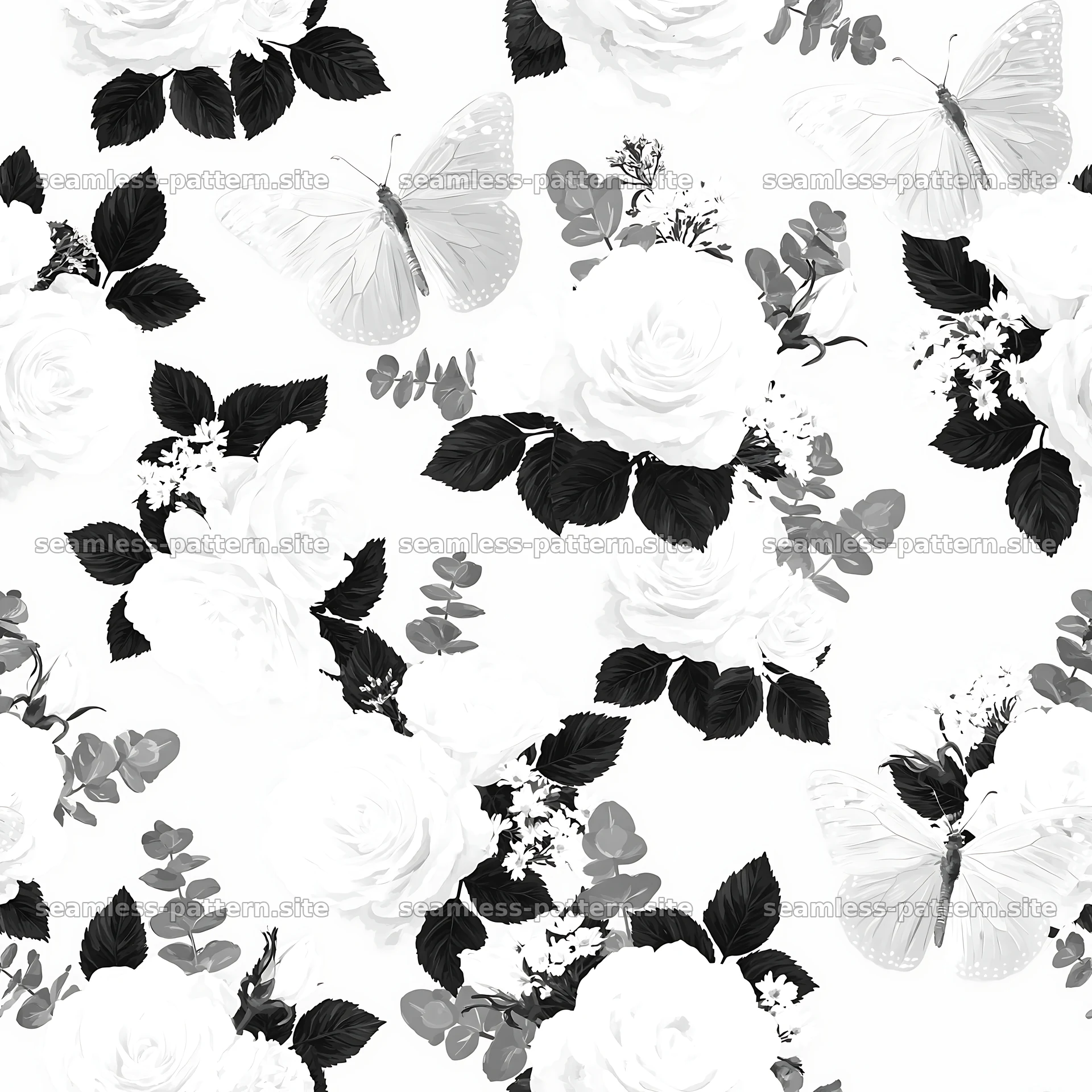 Butterfly and rose seamless pattern in black and white — seamless tileable pattern