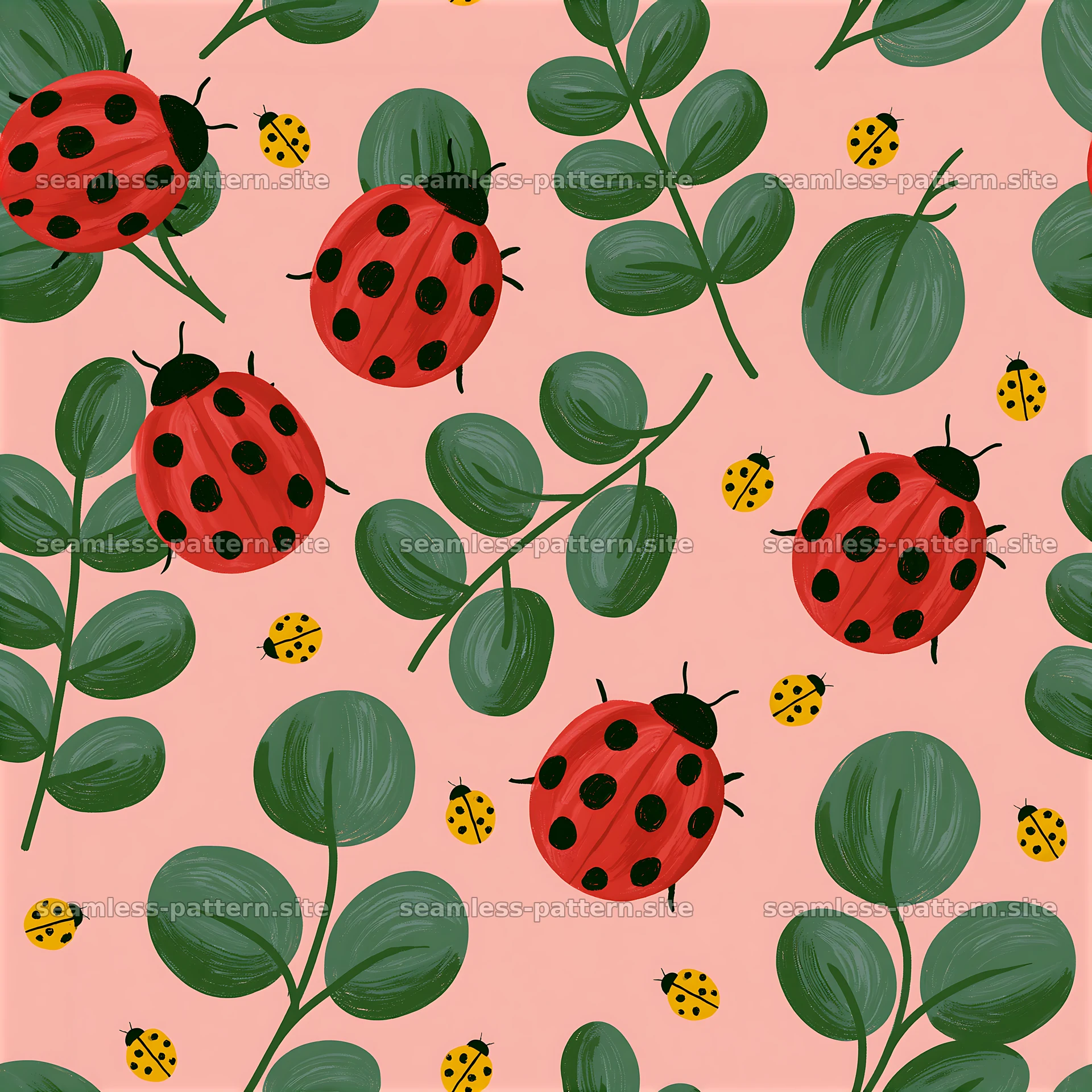 Vibrant ladybugs seamless pattern on a soft pink background — seamless tileable pattern at 8192x8192