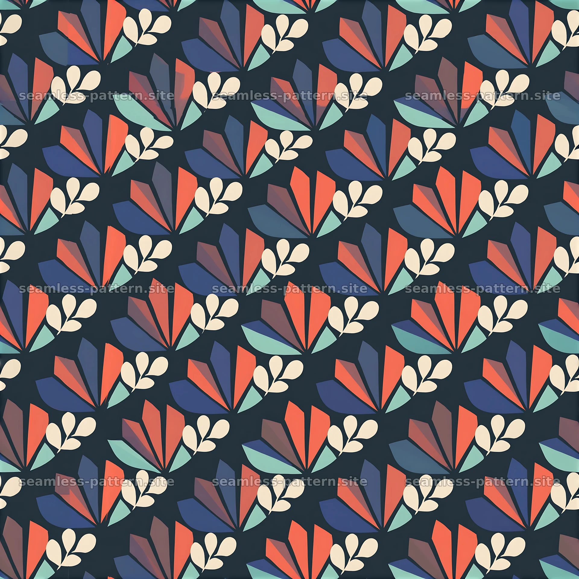 Colorful leaf accents repeating pattern with floral shapes in dark background — seamless tileable pattern at 8192x8192