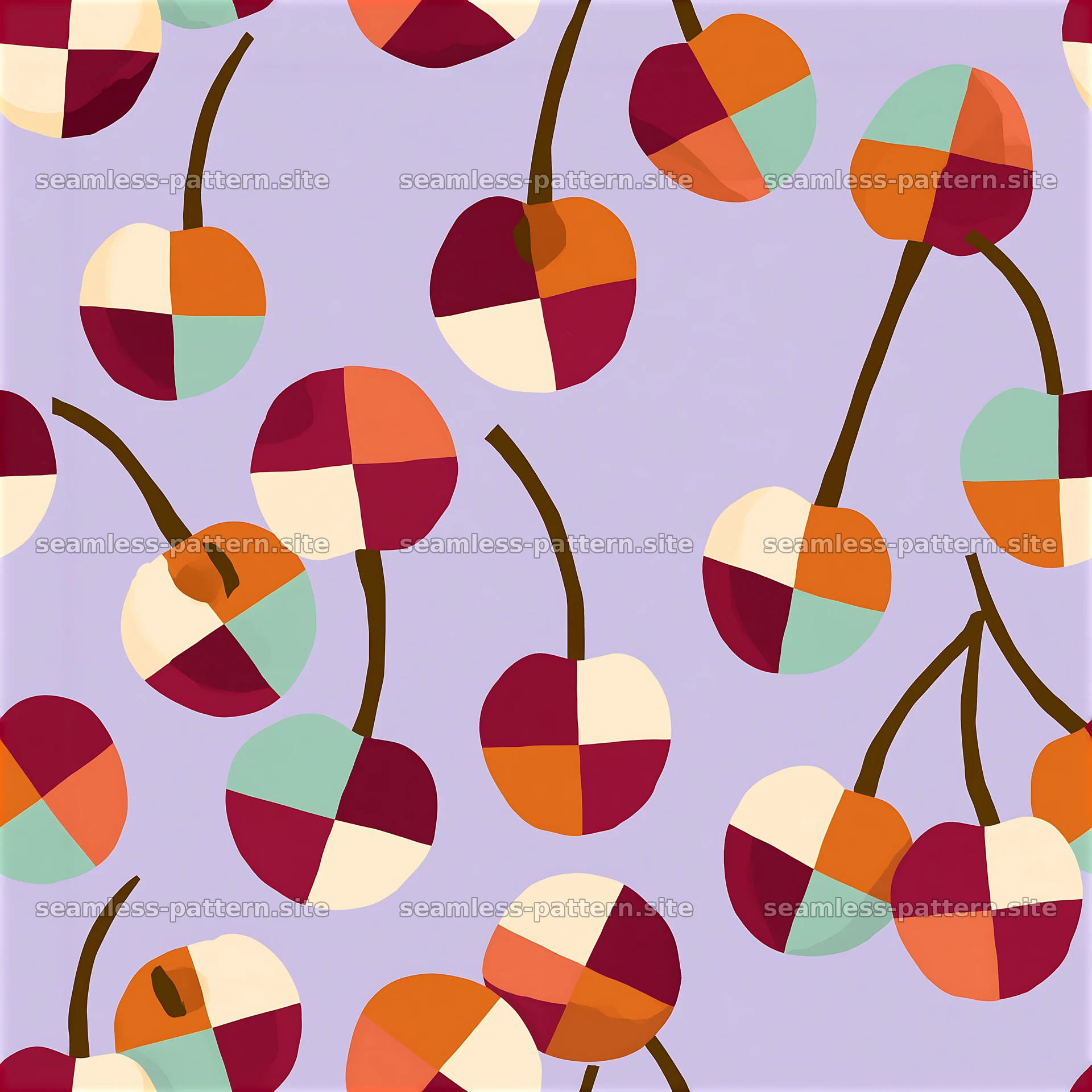 Colorful cherry seamless pattern with playful shapes and layout — seamless tileable pattern at 8192x8192