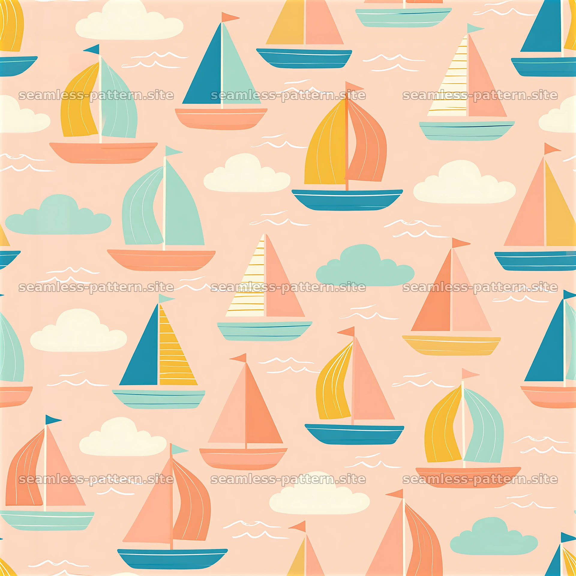 Colorful sailboats pattern on a pink background — seamless tileable pattern at 8192x8192