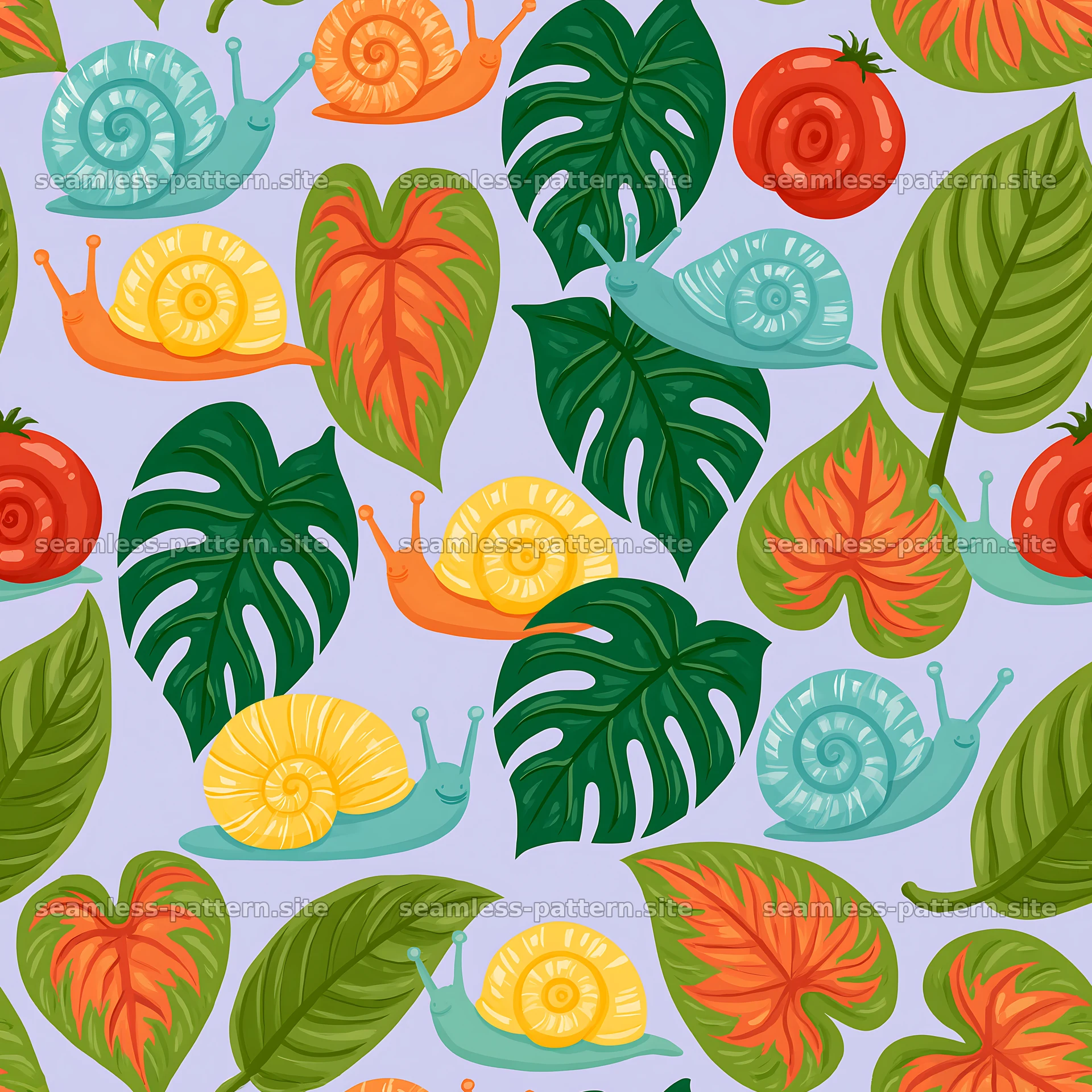 Seamless snail pattern with garden leaves on light background — seamless tileable pattern