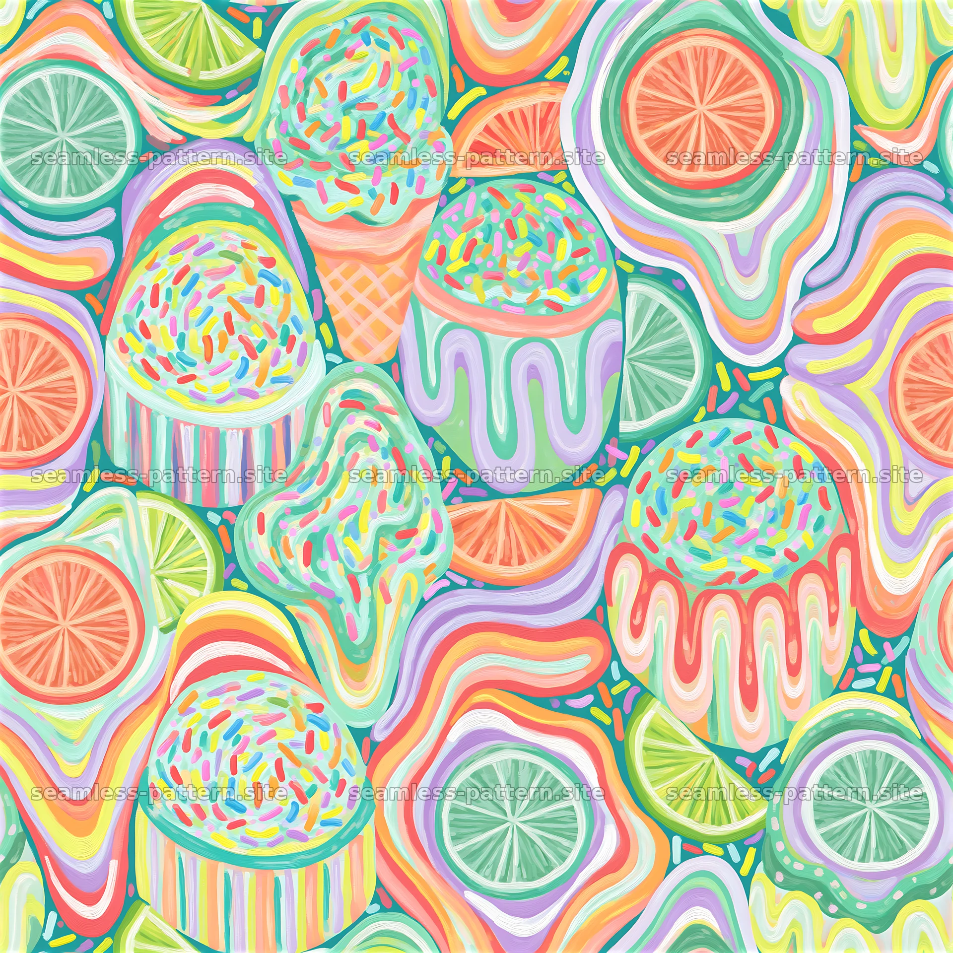Colorful citrus and frosted dessert seamless pattern — seamless tileable pattern at 8192x8192