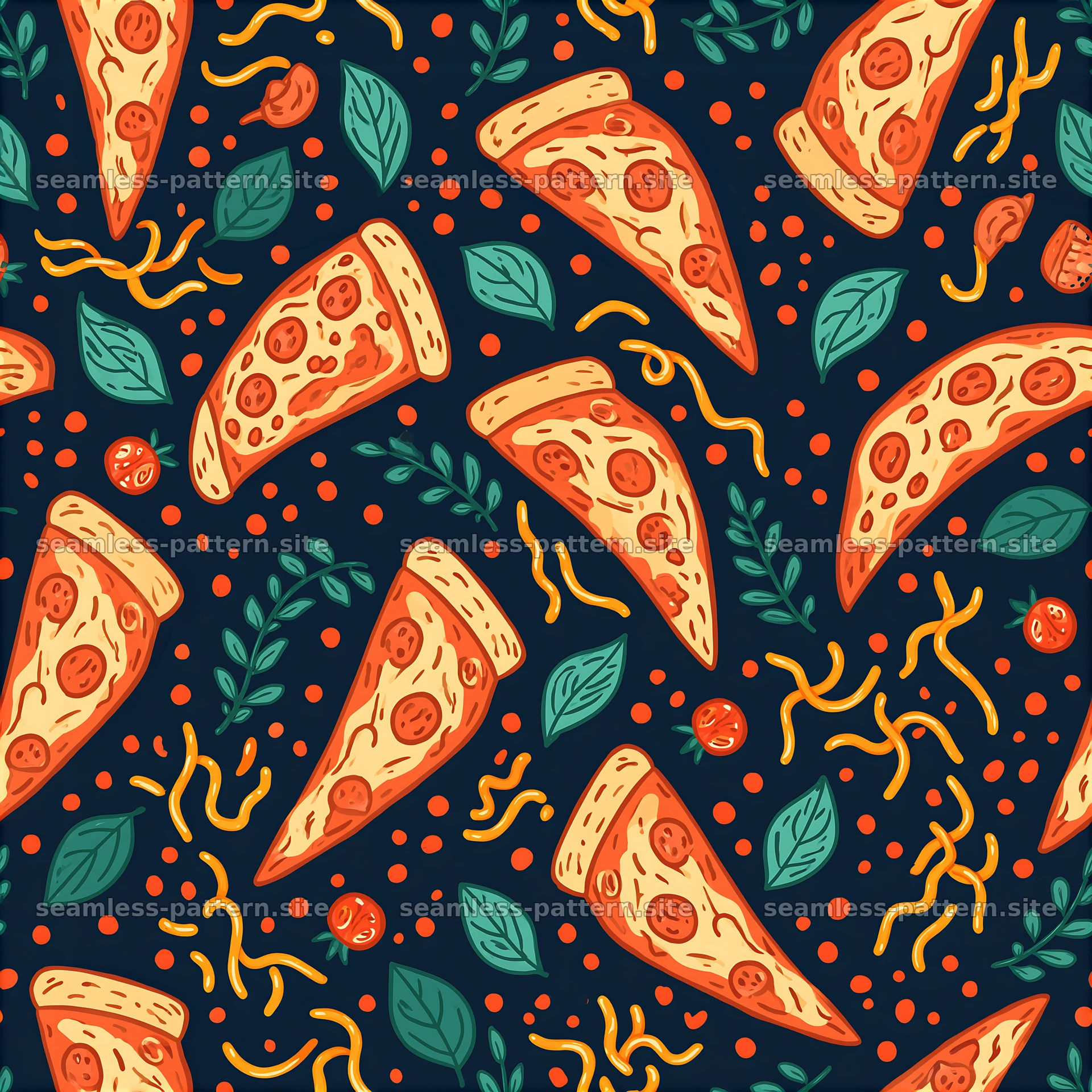 Colorful seamless pizza slice pattern with toppings and leaves — seamless tileable pattern at 8192x8192