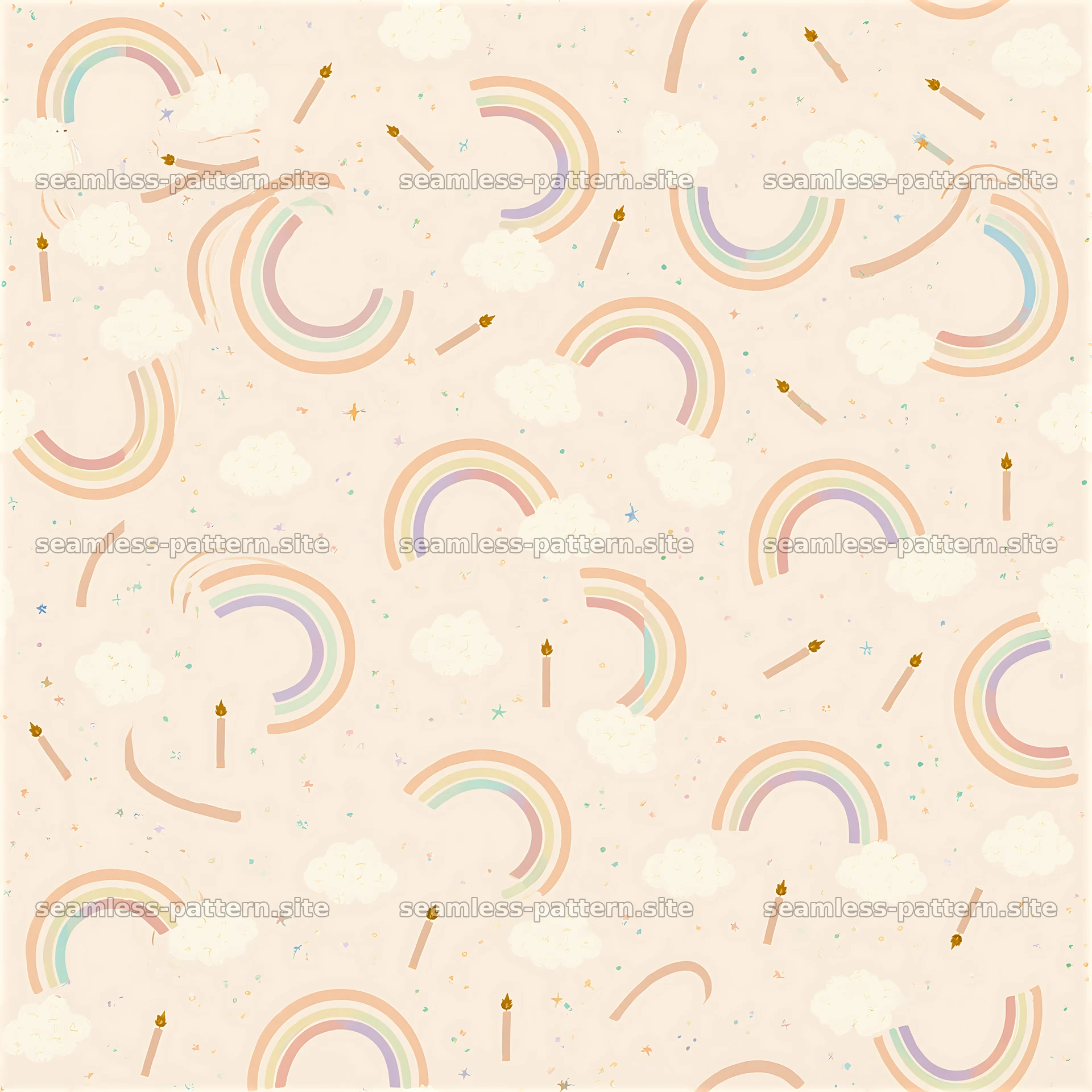 Birthday rainbow pastel seamless pattern with rainbows and clouds — seamless tileable pattern at 8192x8192