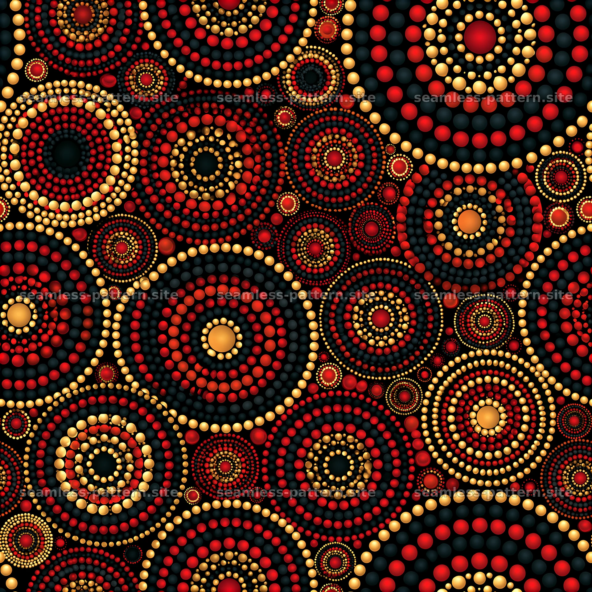Dotted black red gold seamless pattern with circular motifs — seamless tileable pattern at 8192x8192