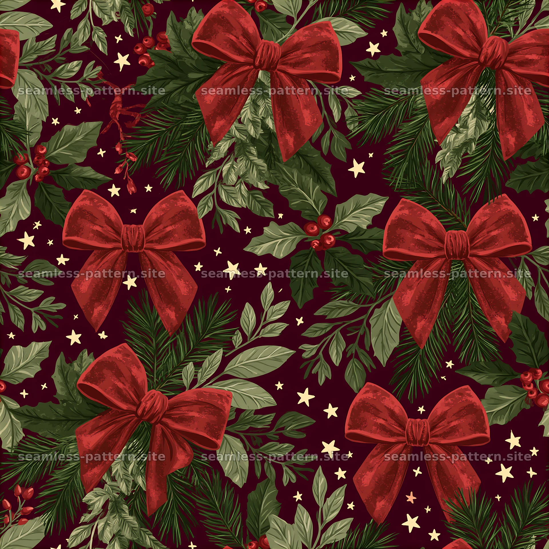 Seamless red and green Christmas pattern with bows and foliage — seamless tileable pattern at 8192x8192