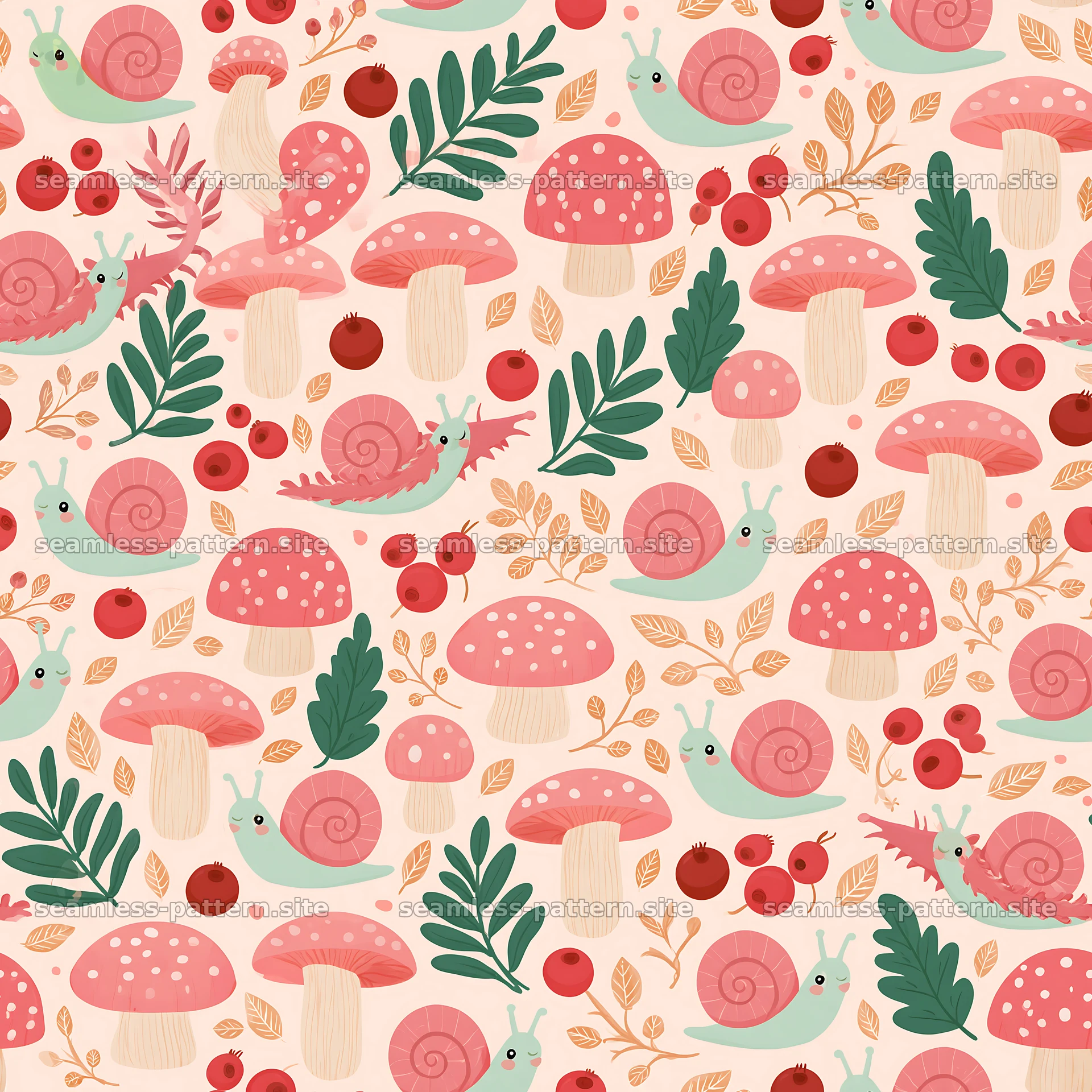 Seamless pattern featuring cute snails and mushrooms — seamless tileable pattern