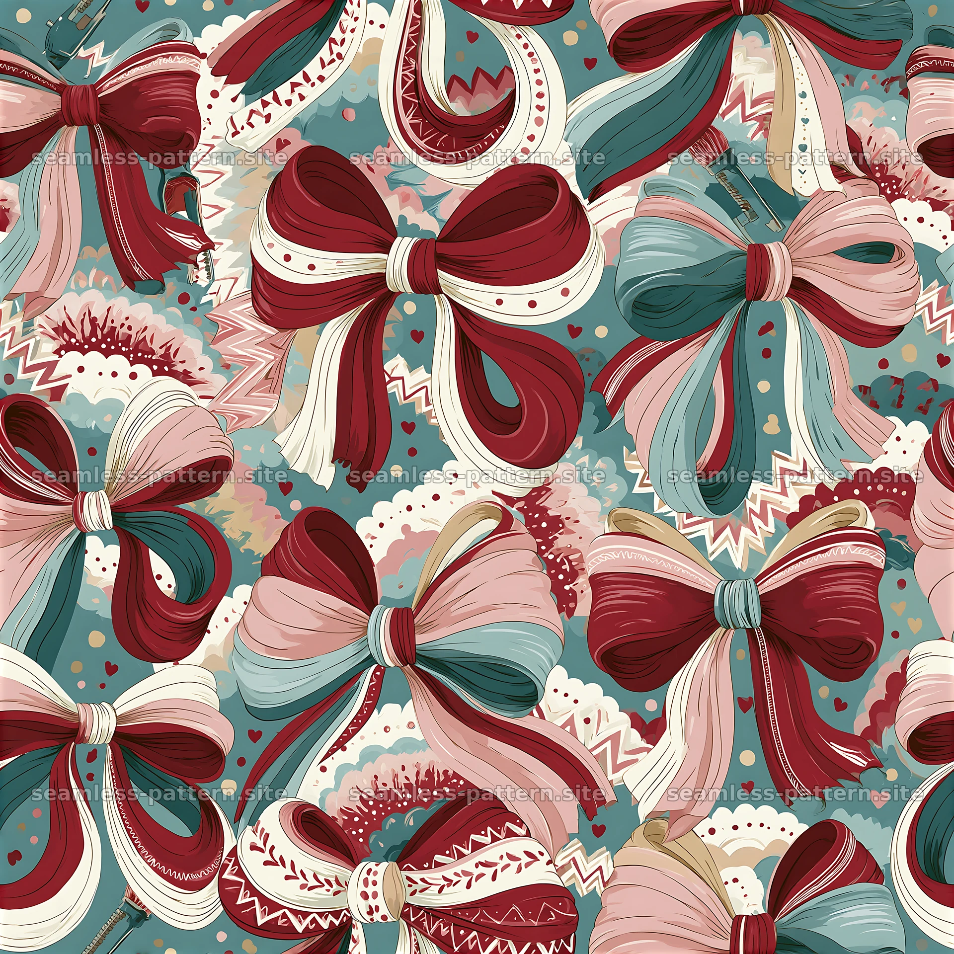 Funky Bow and Ribbon Seamless Pattern in Burgundy and Teal — seamless tileable pattern at 8192x8192