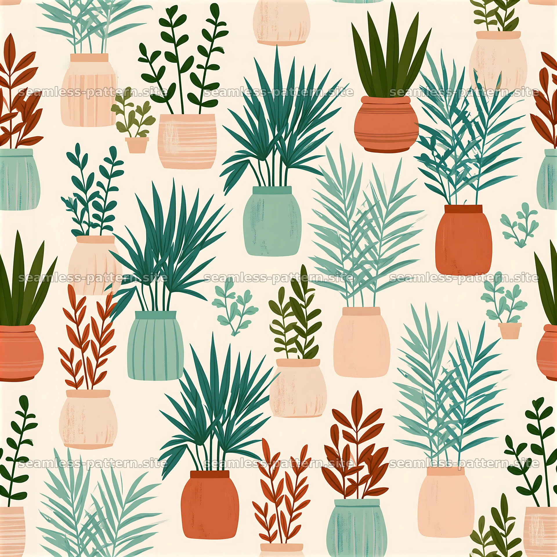 Colorful potted plants seamless pattern with various plant types — seamless tileable pattern at 8192x8192