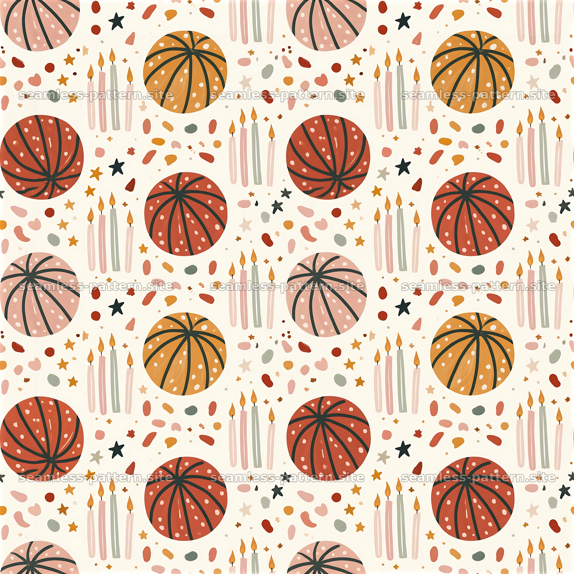 Colorful seamless pattern with basketballs and birthday candles — seamless tileable pattern at 8192x8192