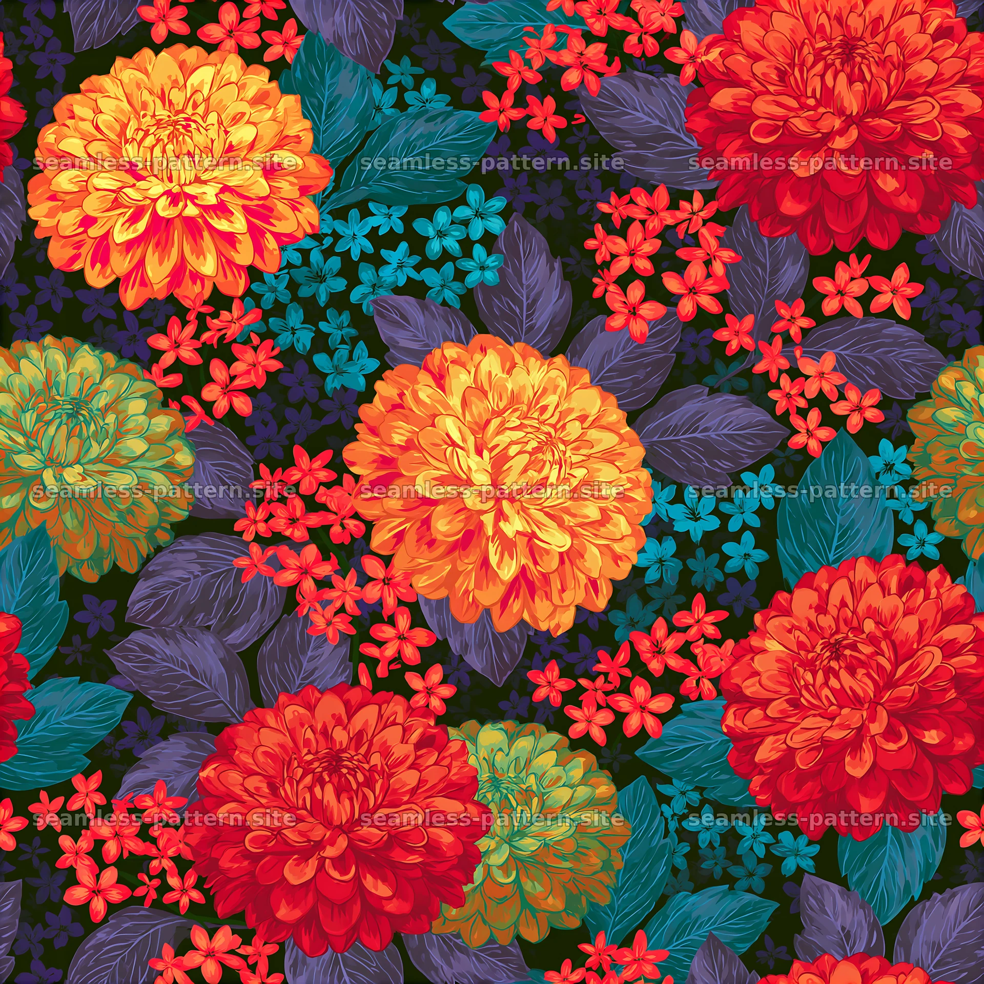 Rainbow floral repeat pattern featuring vibrant flowers and leaves — seamless tileable pattern at 8192x8192