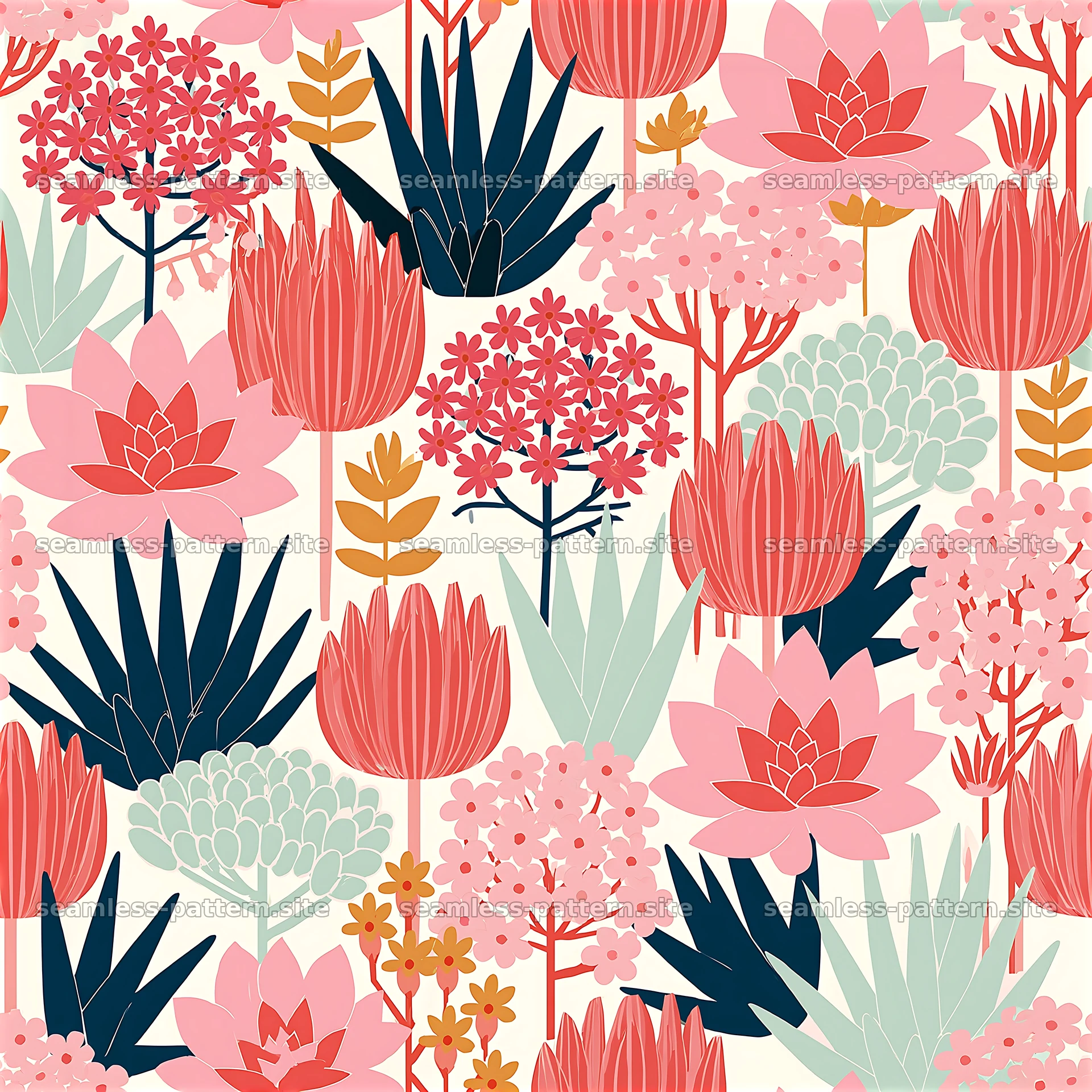Colorful Succulent and Botanical Floral Seamless Pattern — seamless tileable pattern at 8192x8192