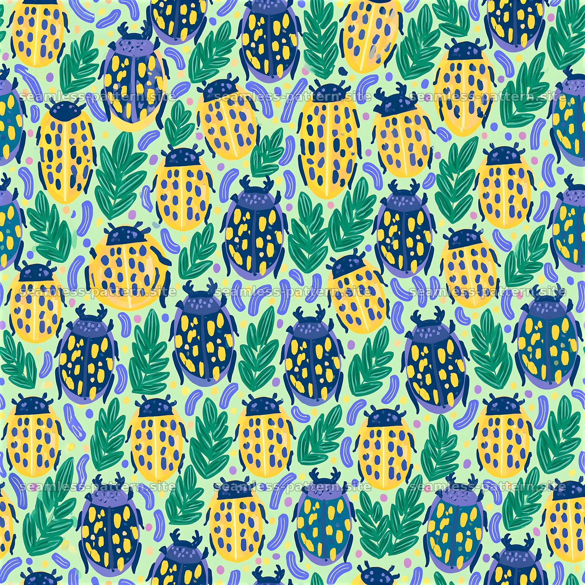 Vibrant Beetle and Leaf Seamless Pattern — seamless tileable pattern at 8192x8192
