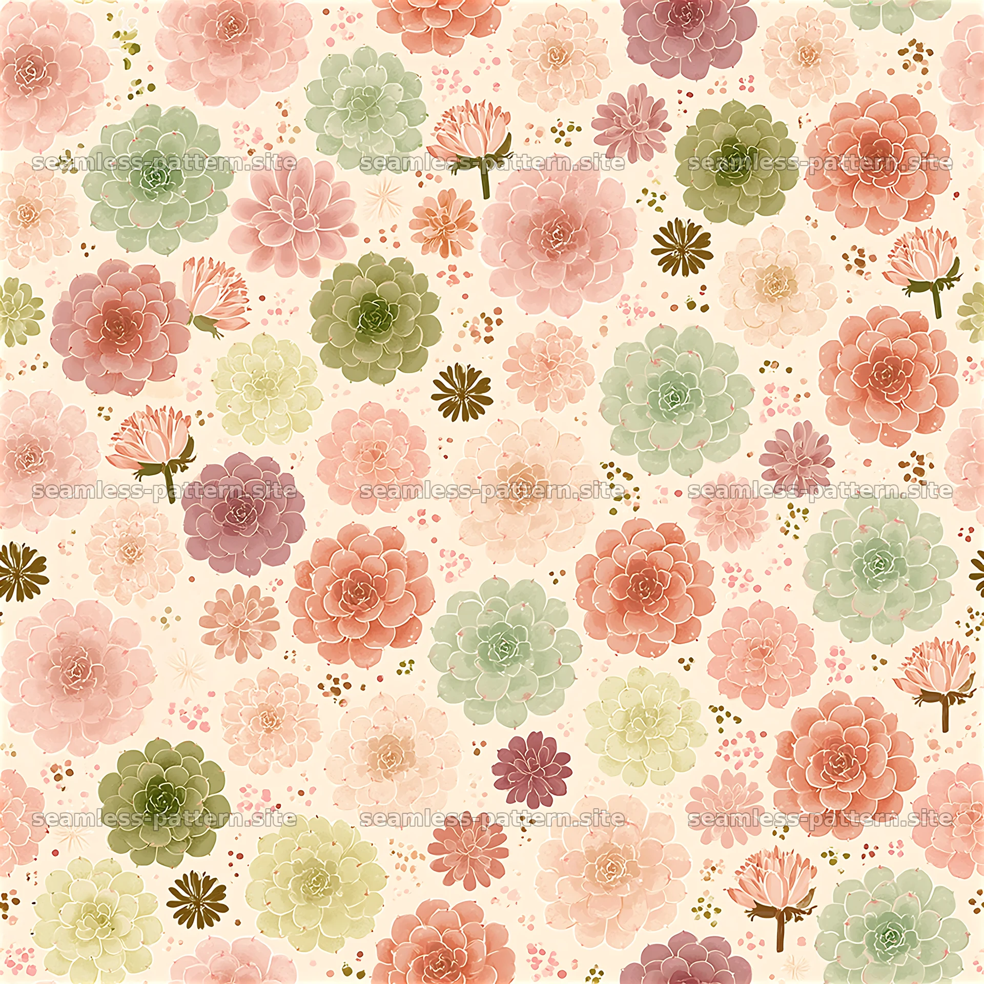 Colorful floral seamless pattern with varied succulent designs — seamless tileable pattern at 8192x8192
