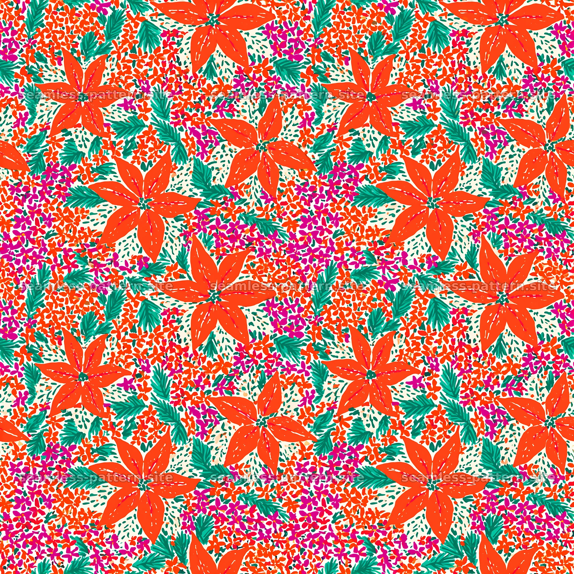 Bold red flowers with green leaves in bright floral pattern — seamless tileable pattern at 8192x8192