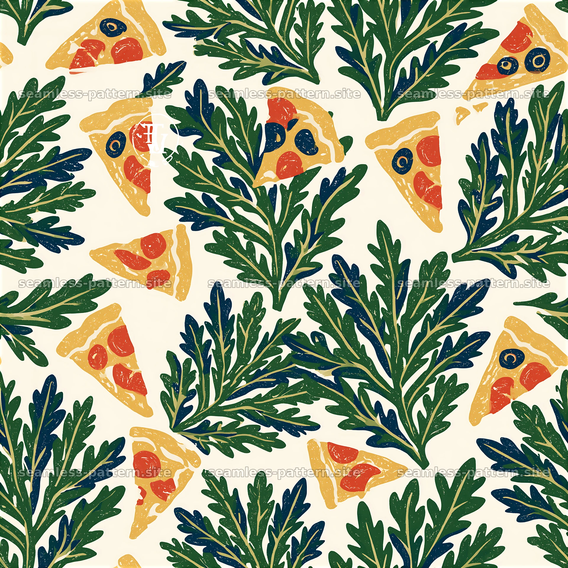 Seamless arugula pizza pattern with slices and greens on light — seamless tileable pattern at 8192x8192
