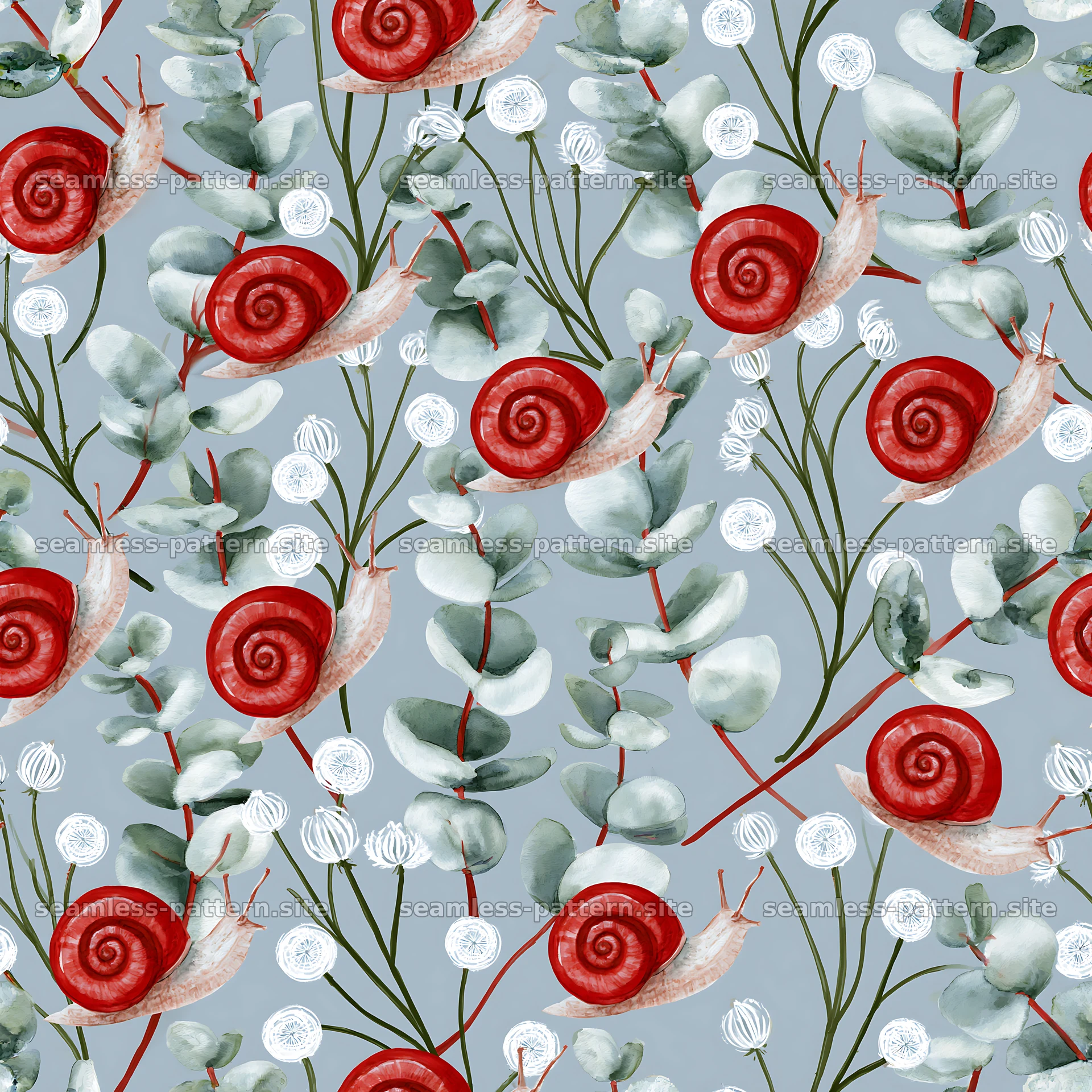 Red snail watercolor seamless pattern for fabric and decor — seamless tileable pattern