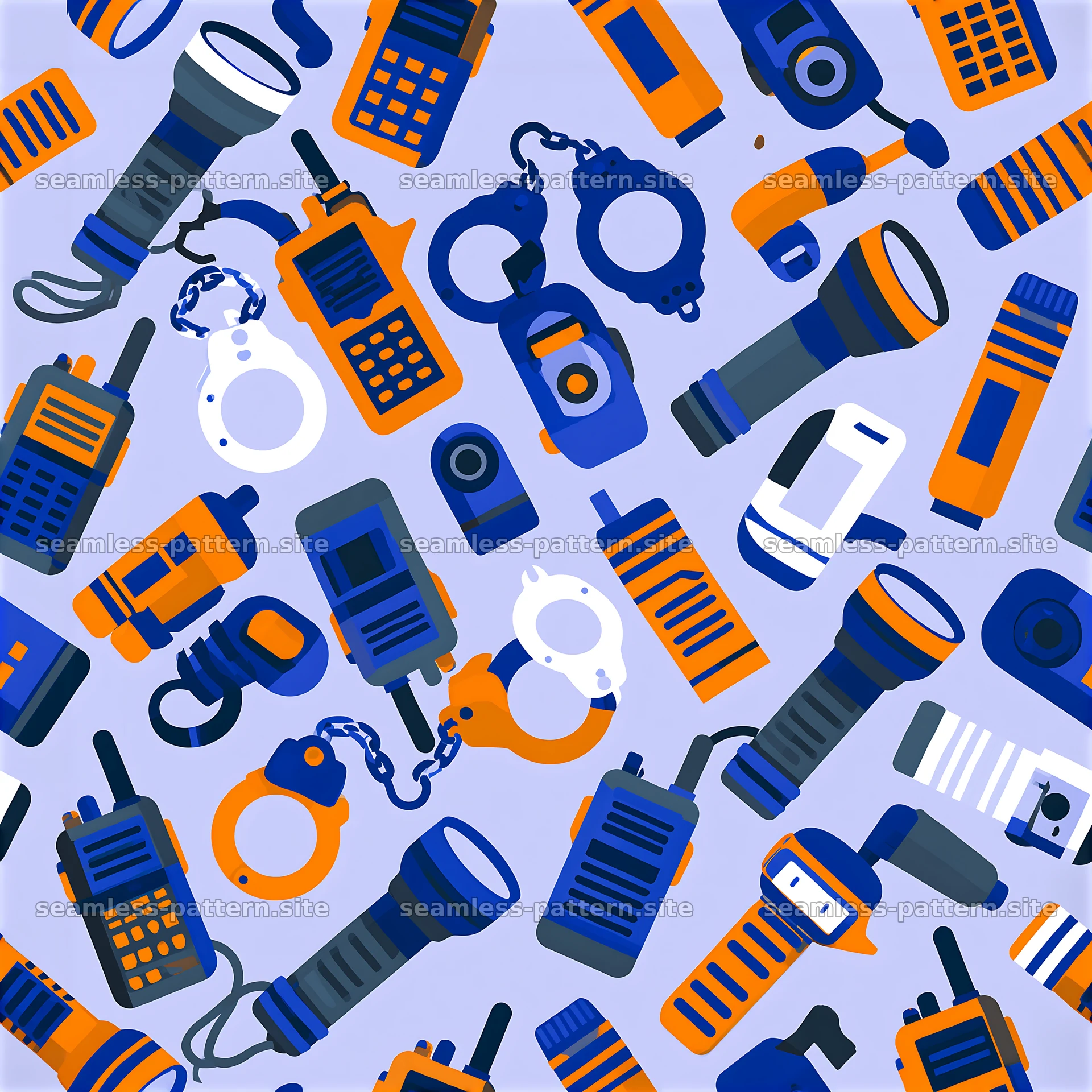 Seamless pattern of police equipment icons in blue and orange tones — seamless tileable pattern at 8192x8192