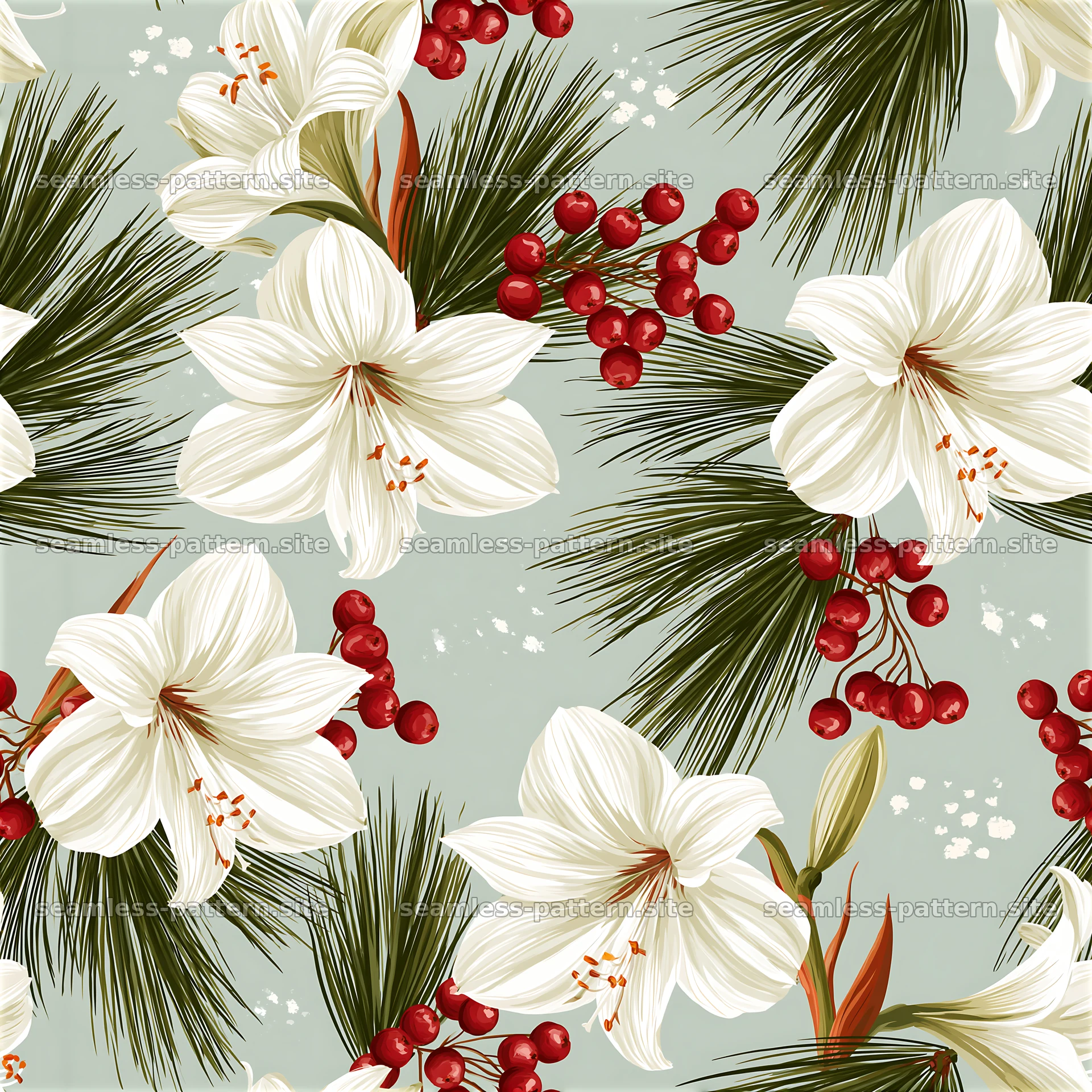 Elegant floral seamless pattern with white flowers and berries — seamless tileable pattern at 8192x8192