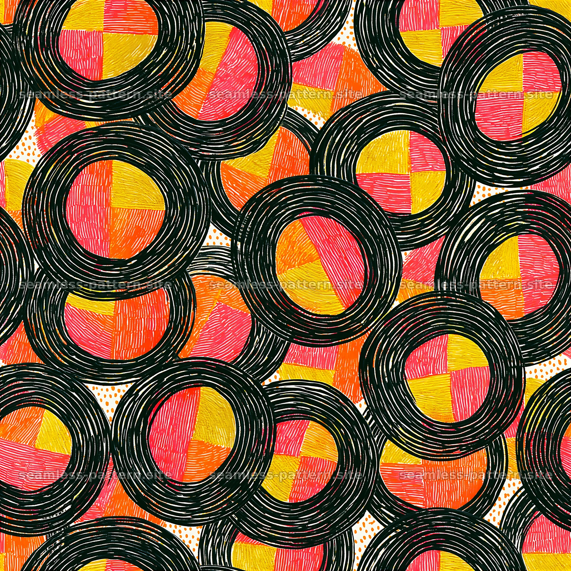 Geometric circles in black, red, yellow, and orange seamless pattern — seamless tileable pattern at 8192x8192