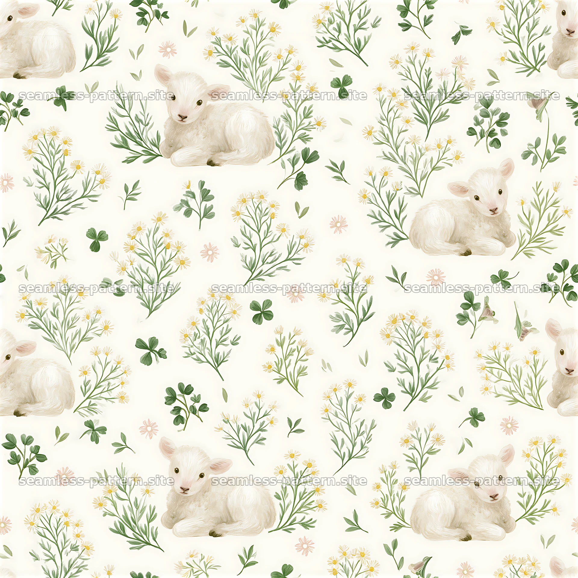 Seamless pattern featuring lambs and gentle botanical elements — seamless tileable pattern at 8192x8192