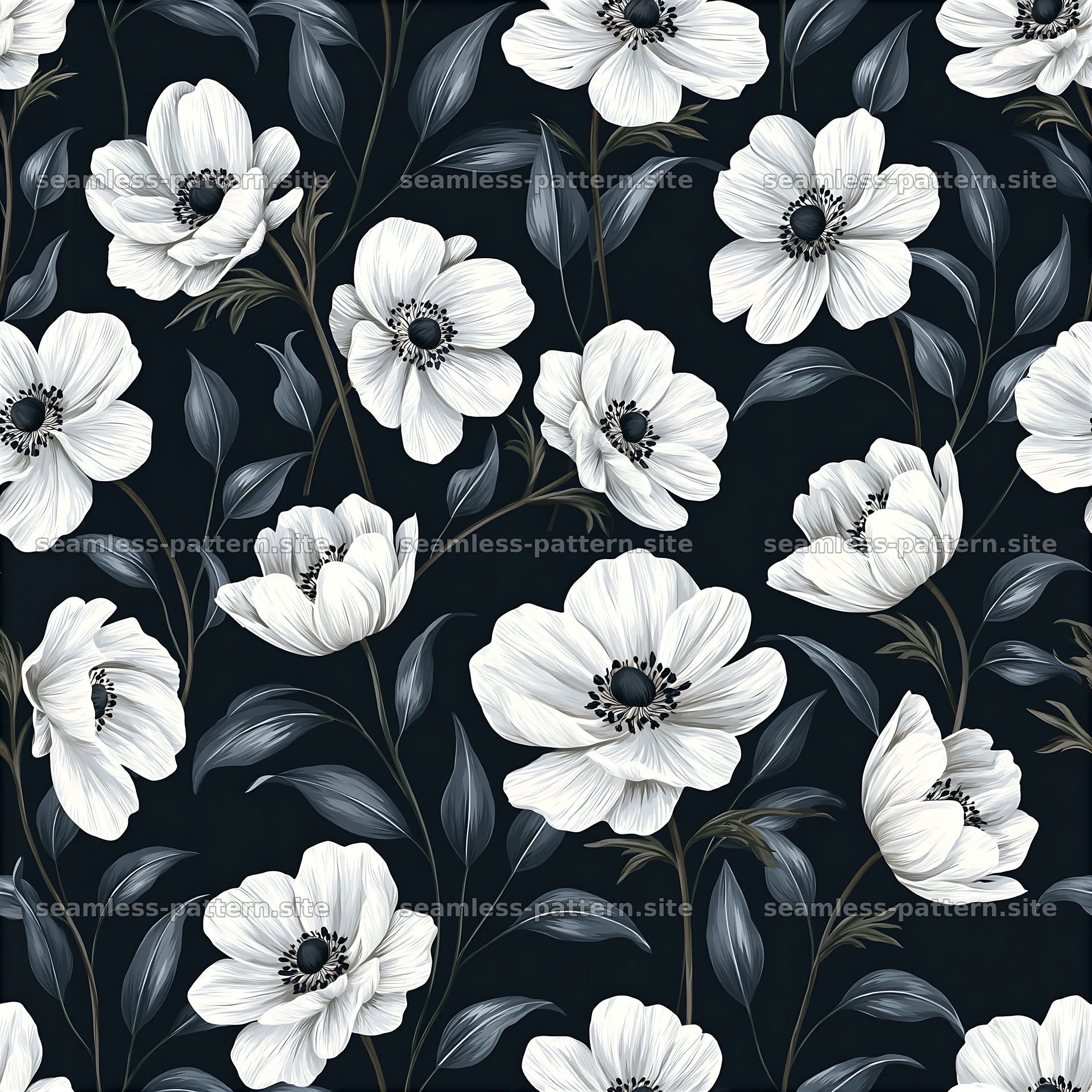 Delicate flower seamless pattern with white flowers on dark background — seamless tileable pattern at 8192x8192