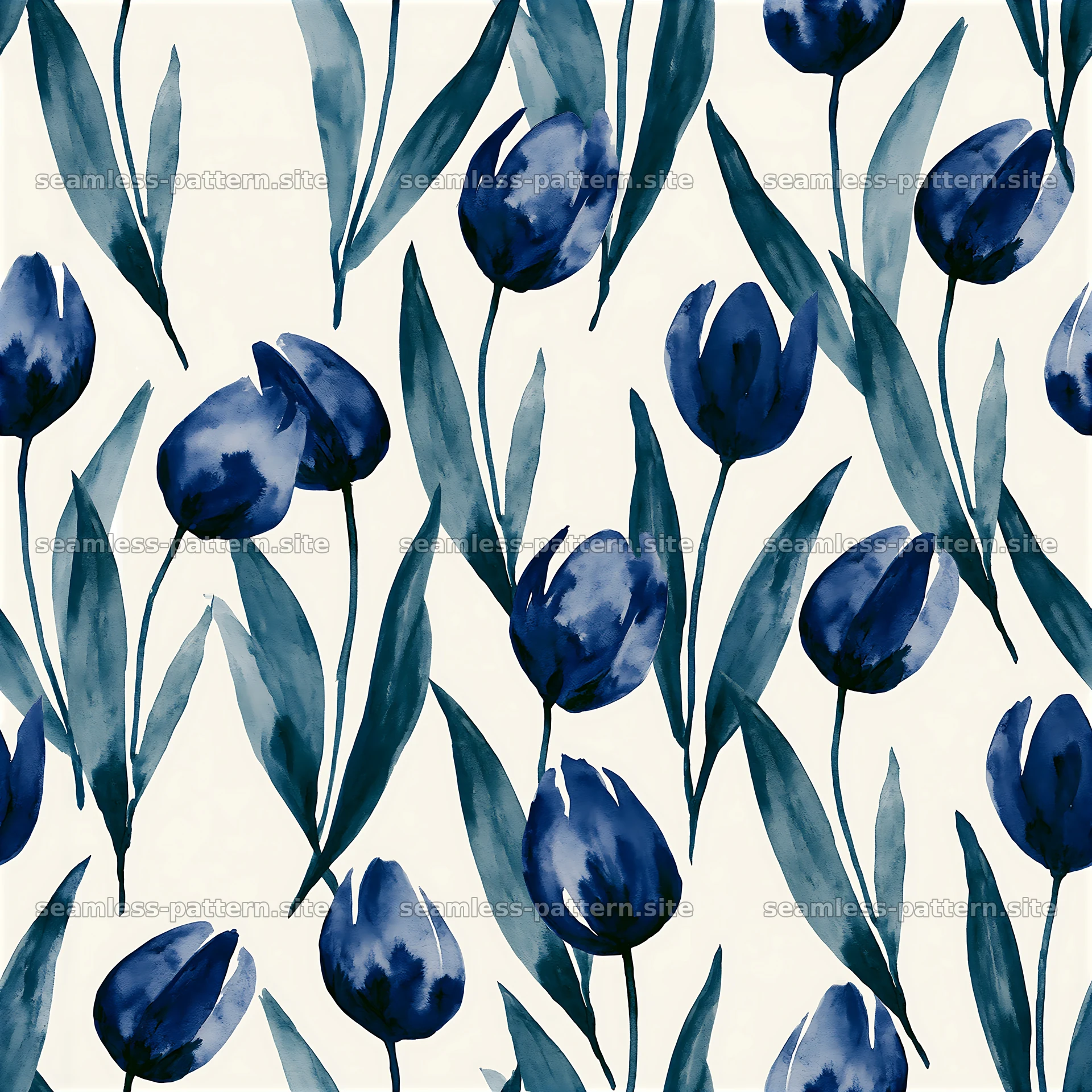 Blue tulips with green leaves arranged in a seamless pattern — seamless tileable pattern at 8192x8192