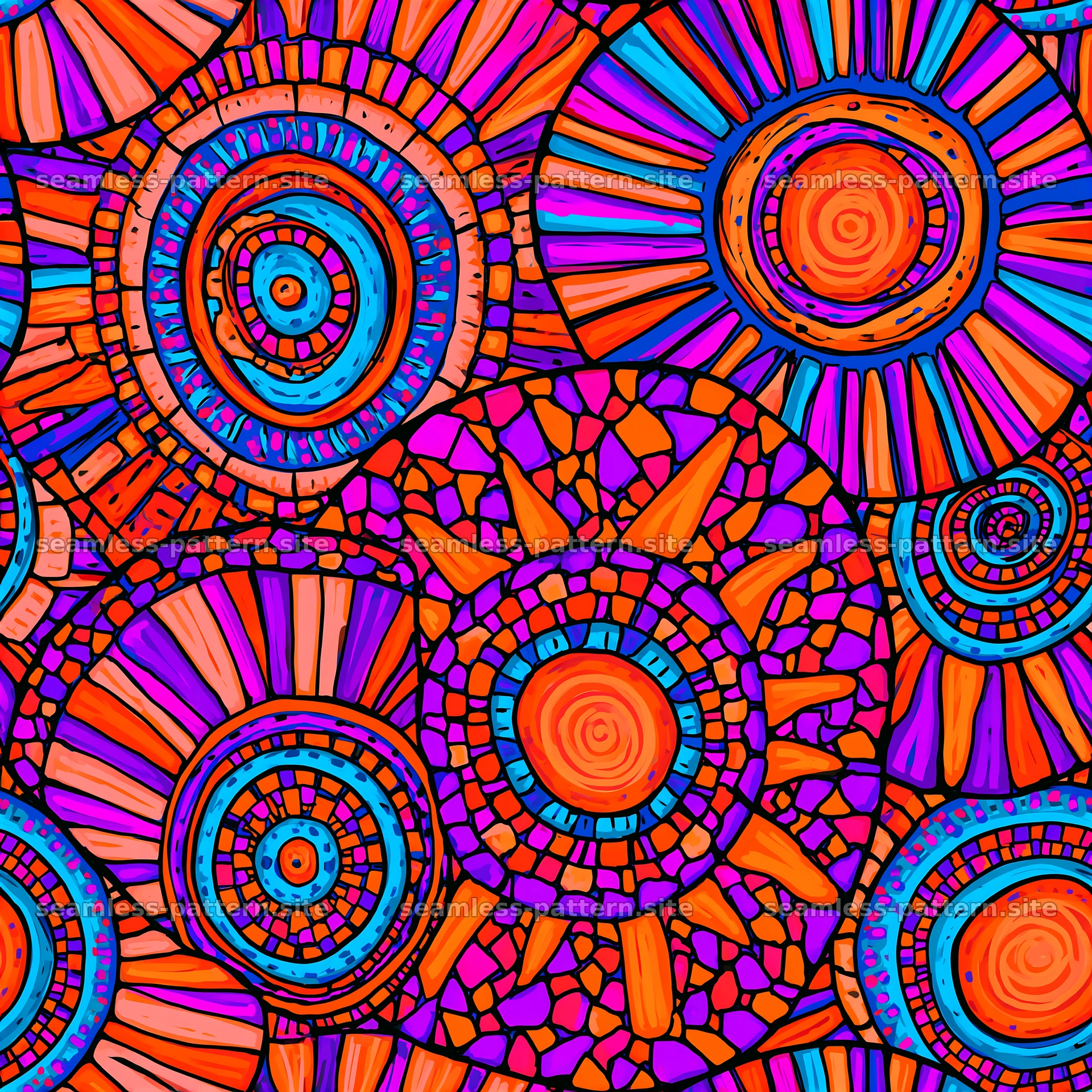 Funky geometric tileable pattern with colorful radial motifs — seamless tileable pattern at 8192x8192