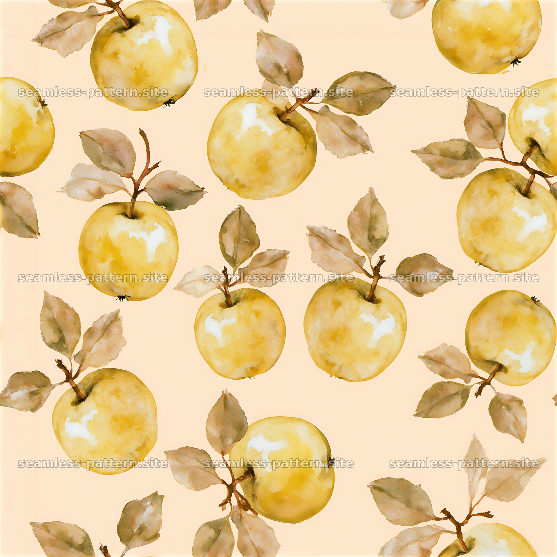 Seamless watercolor apple pattern with yellow apples and green leaves — seamless tileable pattern at 8192x8192