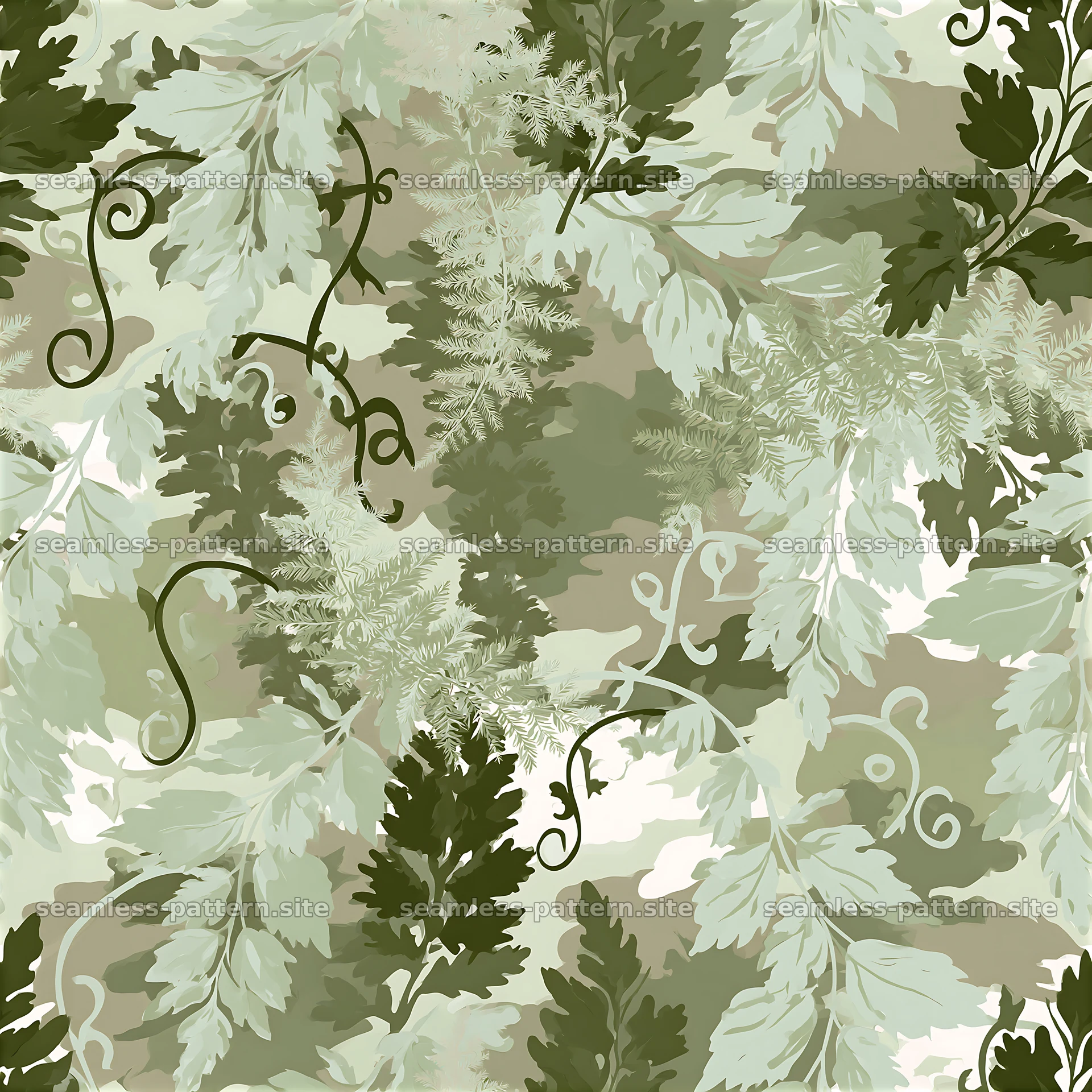 Seamless foliage camouflage pattern in muted green tones — seamless tileable pattern at 8192x8192
