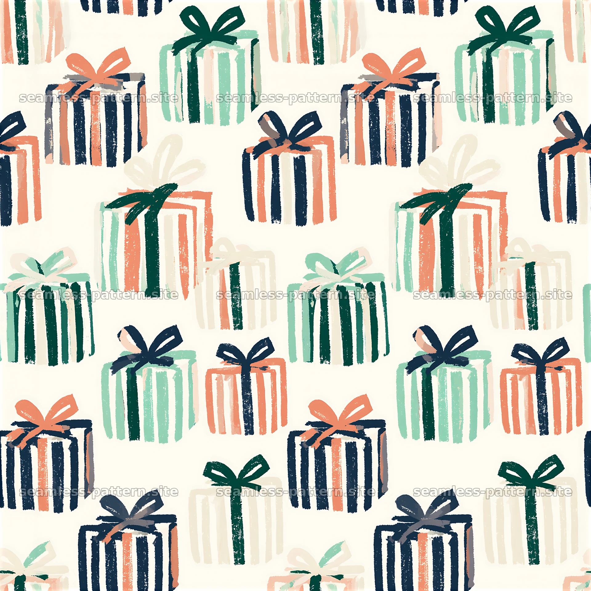 Repeat pattern of gift boxes with striped ribbons — seamless tileable pattern at 8192x8192