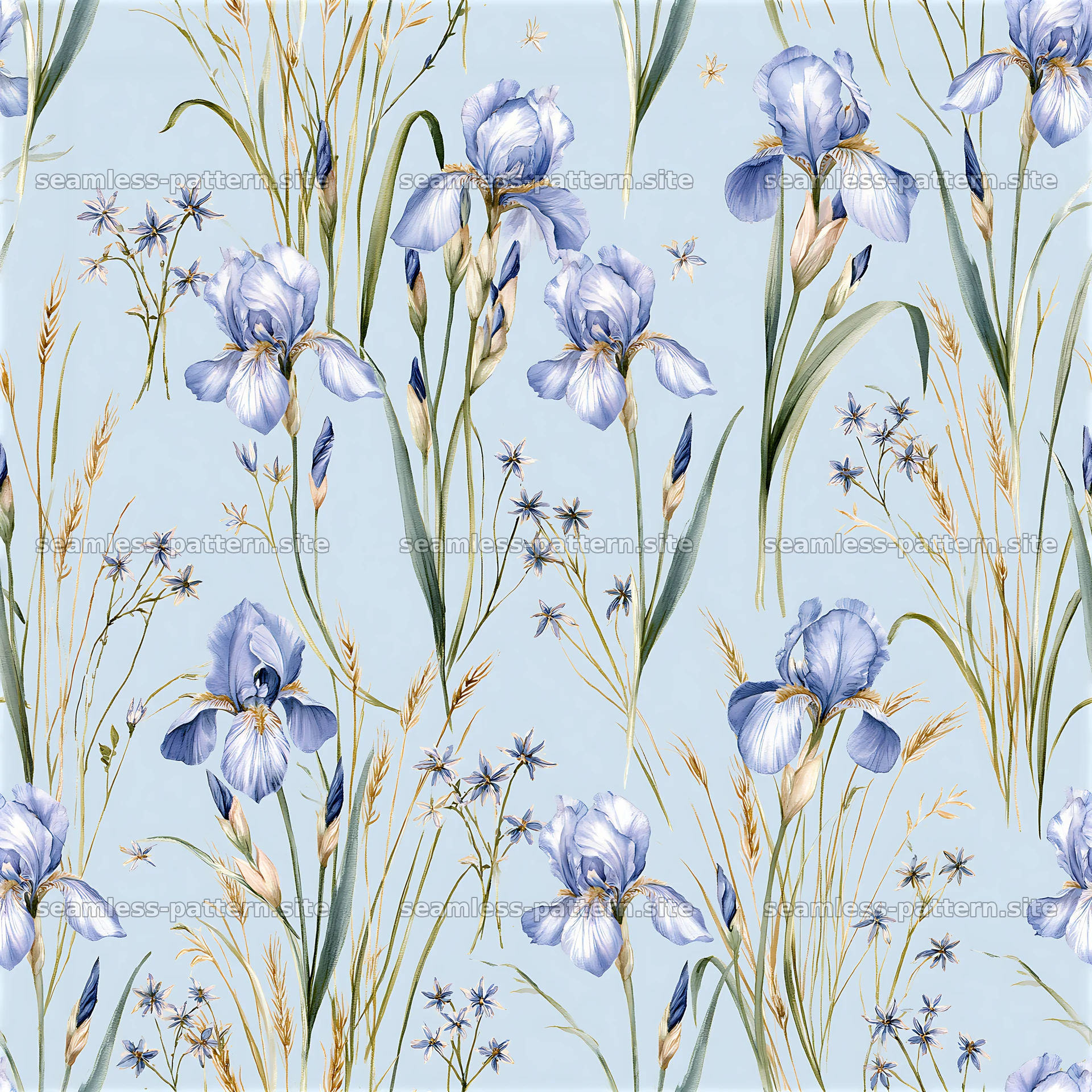 Seamless watercolor floral pattern with blue irises and wildflowers — seamless tileable pattern at 8192x8192