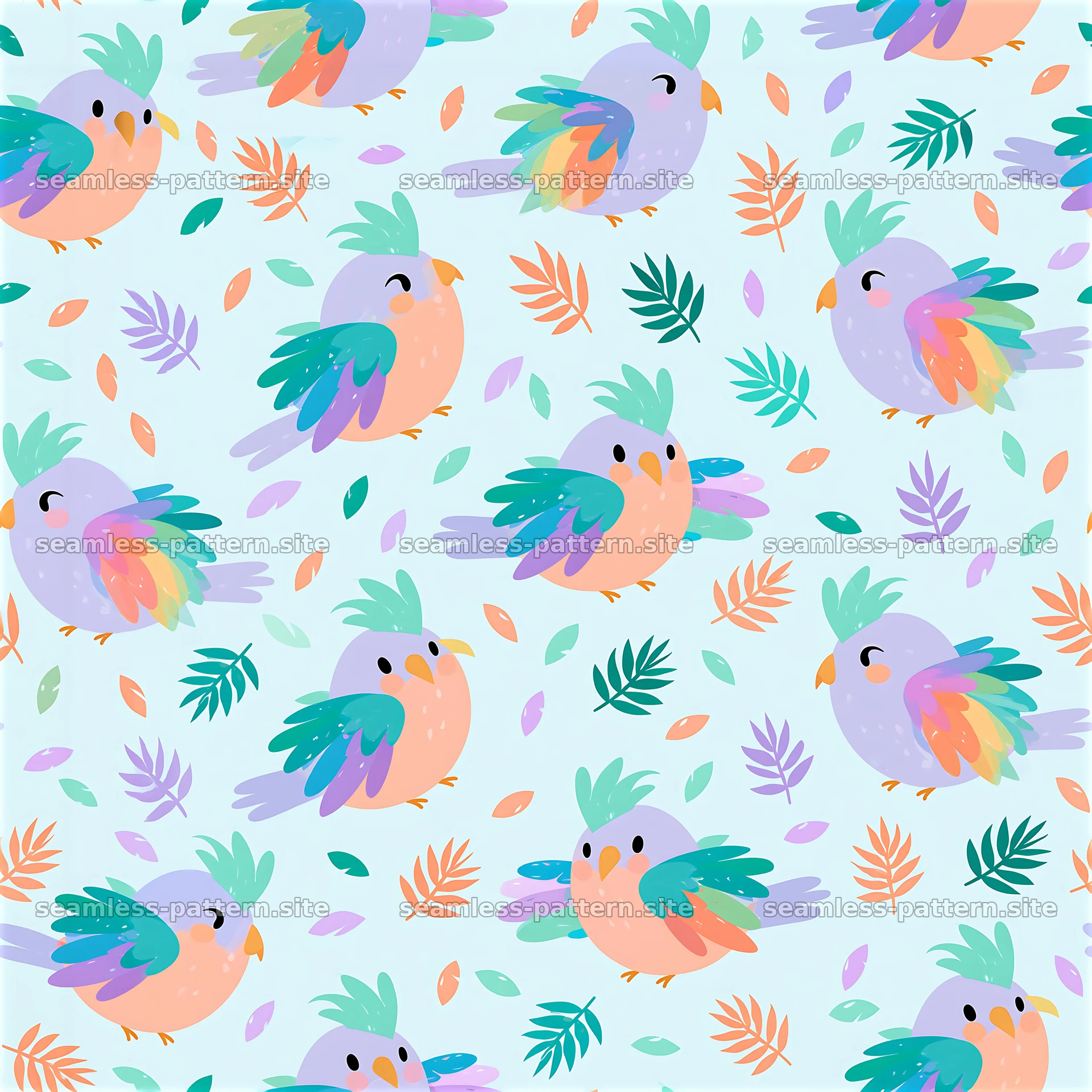 Funky parrot pattern with colorful leaves on light background — seamless tileable pattern at 8192x8192