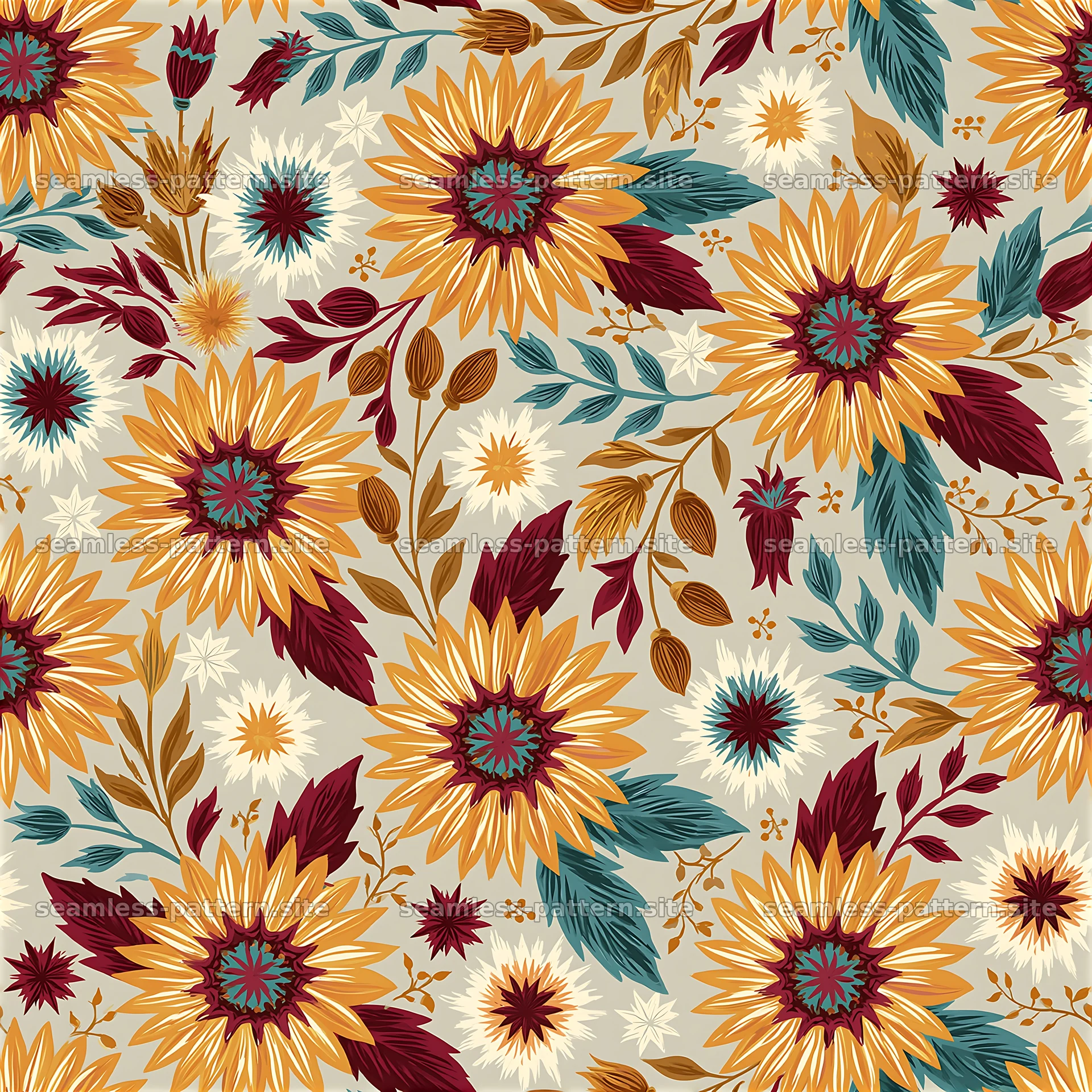 Bright floral seamless pattern with sunflowers and leaves — seamless tileable pattern at 8192x8192