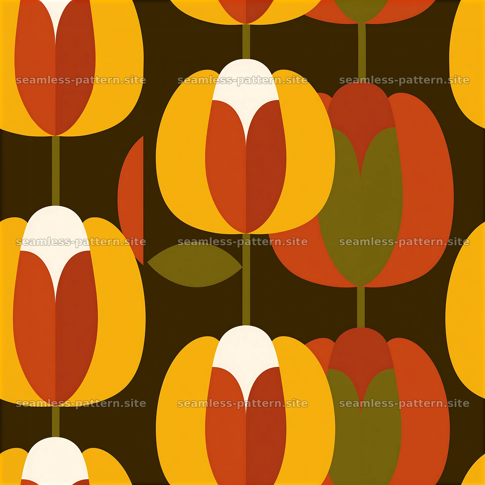 Tulip tileable pattern with yellow and red flowers on brown background — seamless tileable pattern at 8192x8192