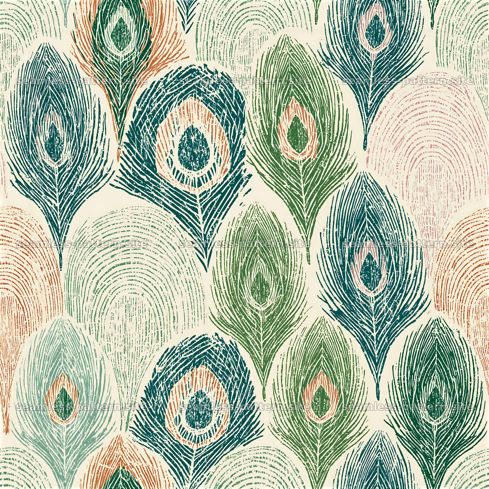 Colorful peacock feathers in a seamless pattern for design use — seamless tileable pattern at 8192x8192