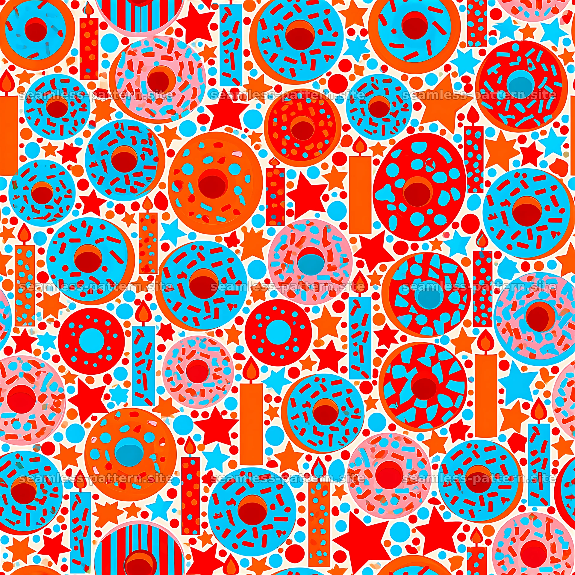 Bright seamless pattern of colorful donuts and festive elements — seamless tileable pattern at 8192x8192