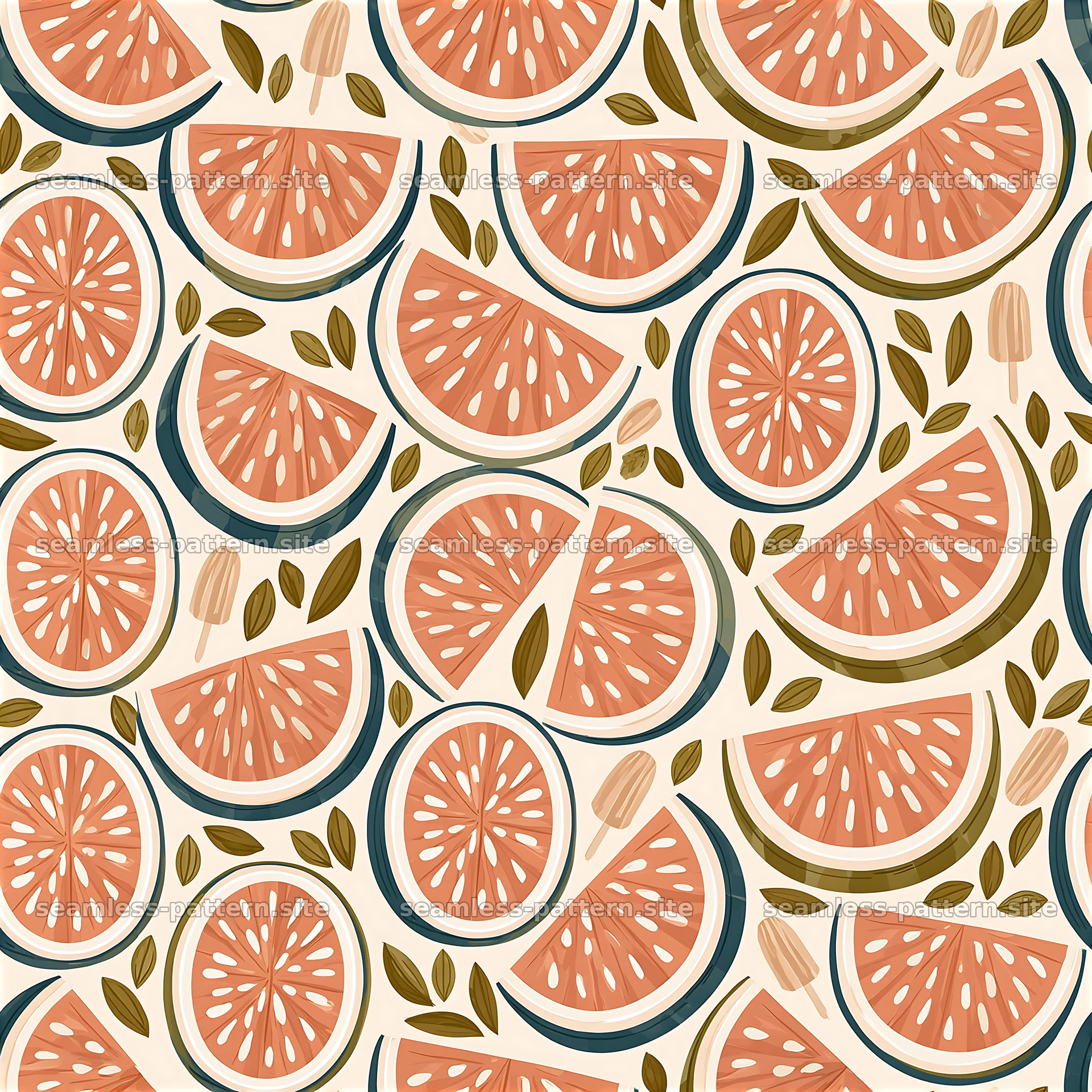 Colorful fruit slice seamless pattern with leaves and accents — seamless tileable pattern at 8192x8192